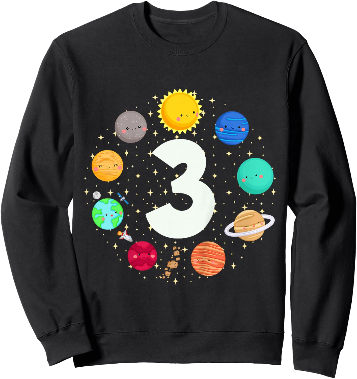 Kids 3 Years Old Boy Planets Space 3rd Birthday Kids Sweatshirt - Sweatshirt | Black