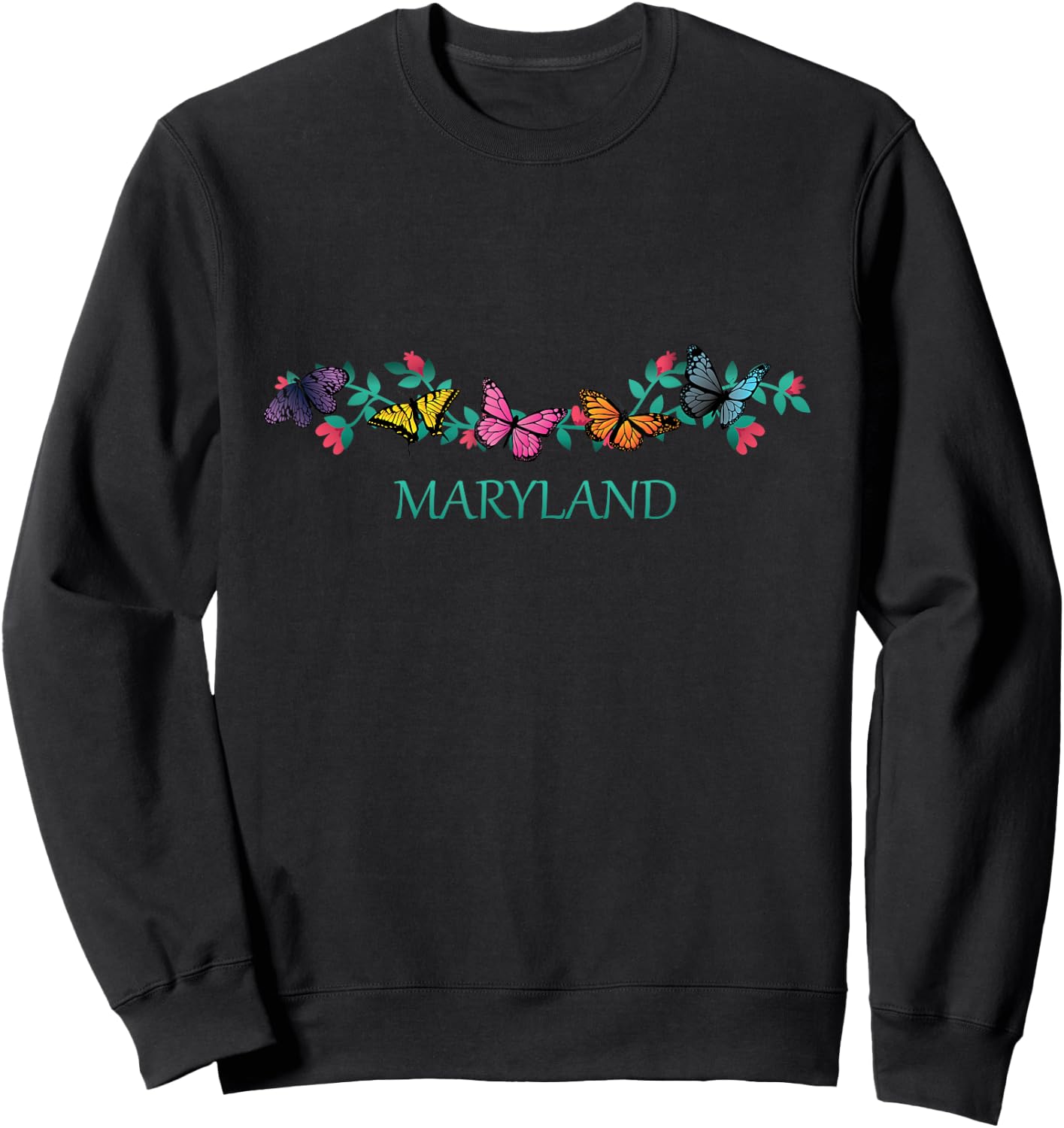 Maryland State Souvenir Butterfly Flower Graphic Sweatshirt - Sweatshirt | Black