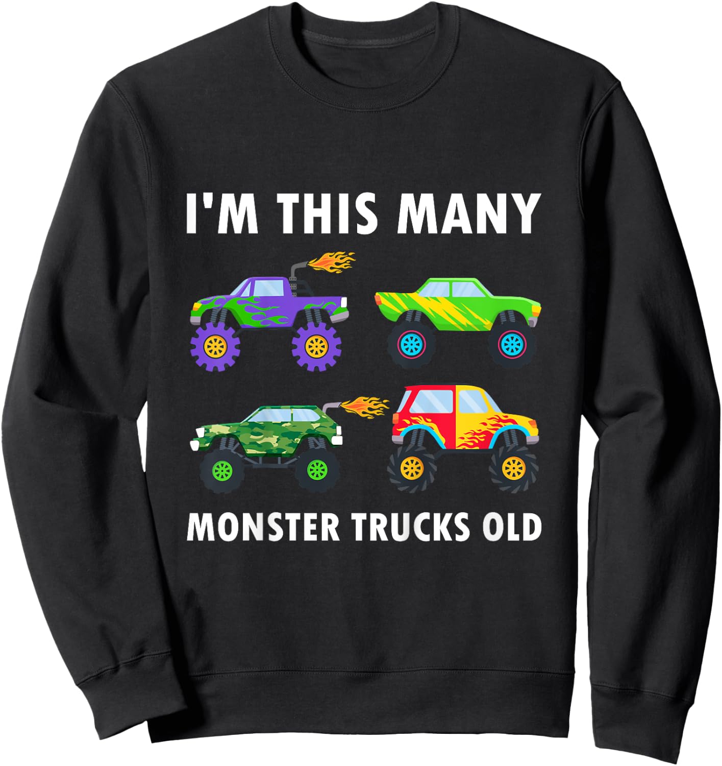 Kids 4 Years Old Boy Monster Trucks Old 4th Birthday Kids Sweatshirt - Sweatshirt | Black
