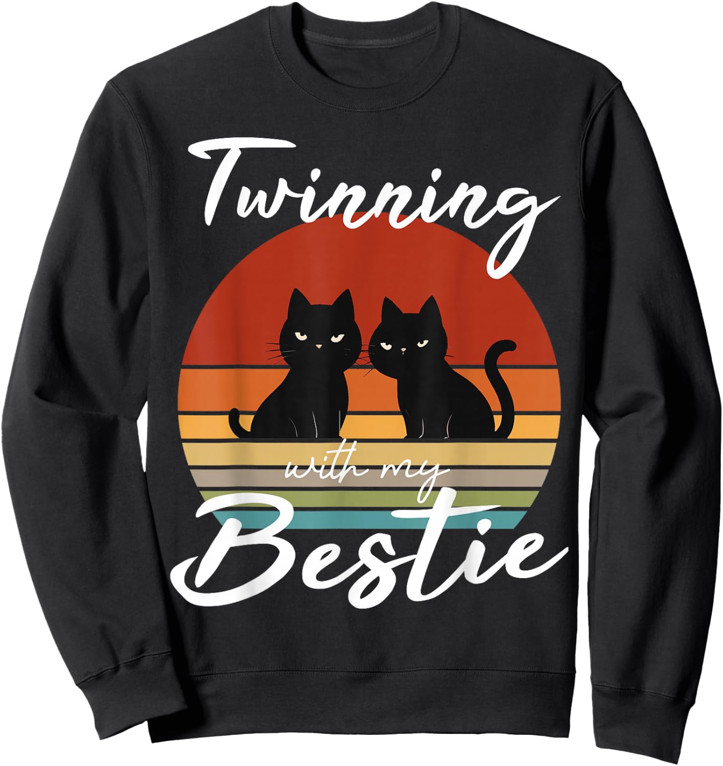 Twinning With My Bestie Friendship Retro Sunset Cat lover Sweatshirt - Sweatshirt | Black