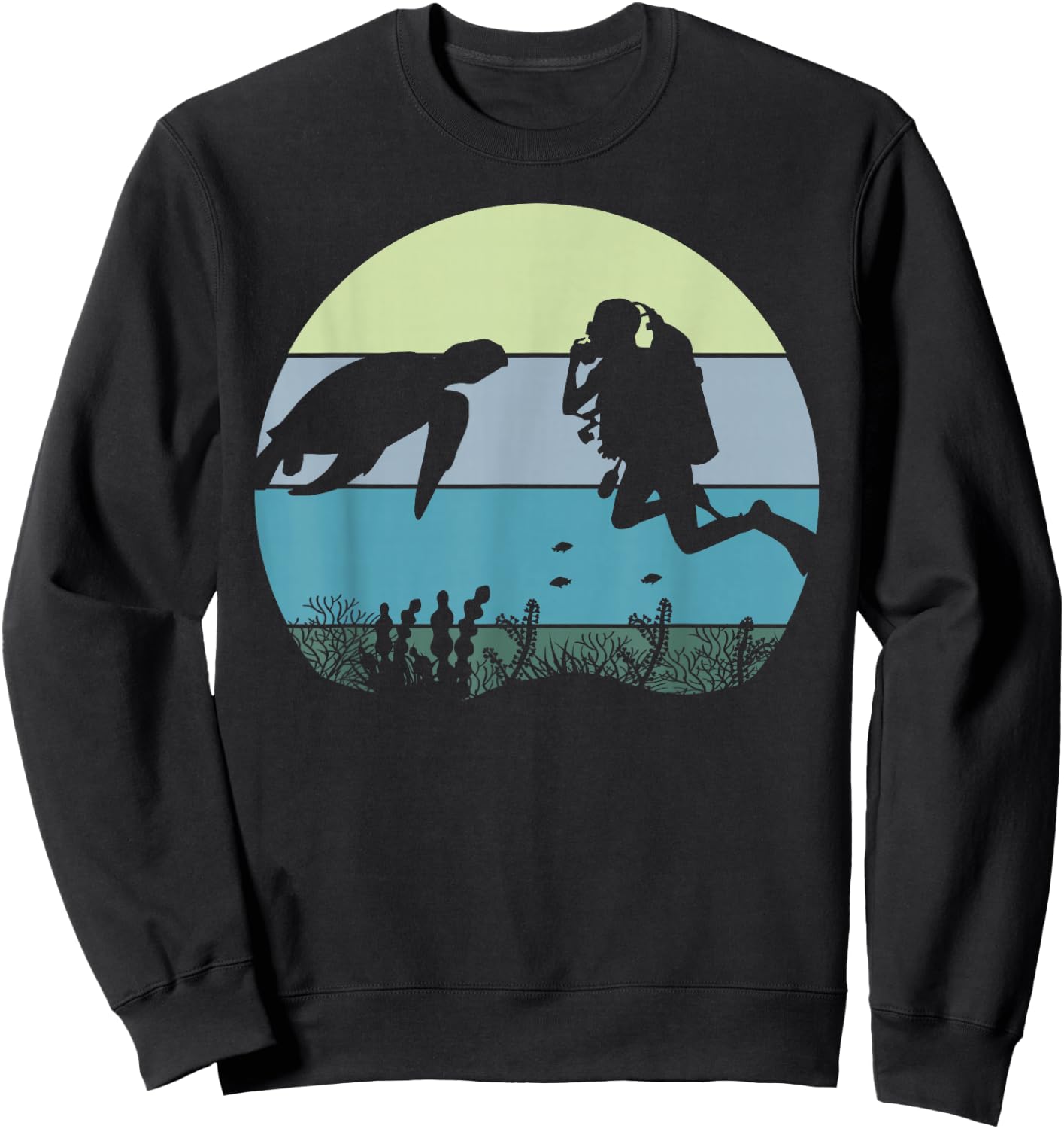 Scuba Diver Diving and Sea Turtle In The Blue Pacific Ocean Sweatshirt - Sweatshirt | Black