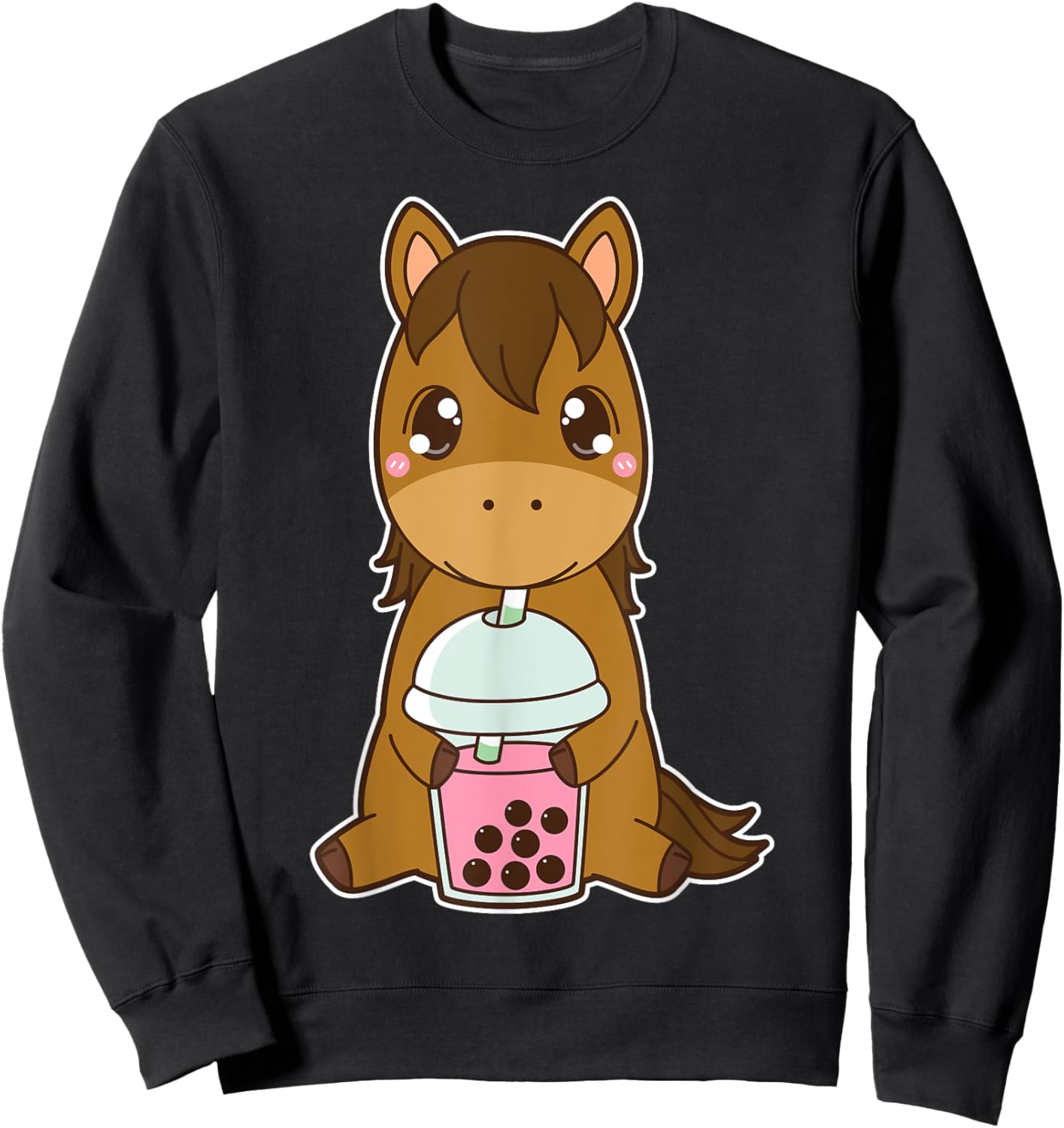 Kawaii Cute Zodiac Boba Horse Strawberry Bubble Milk Tea Sweatshirt - Sweatshirt | Black