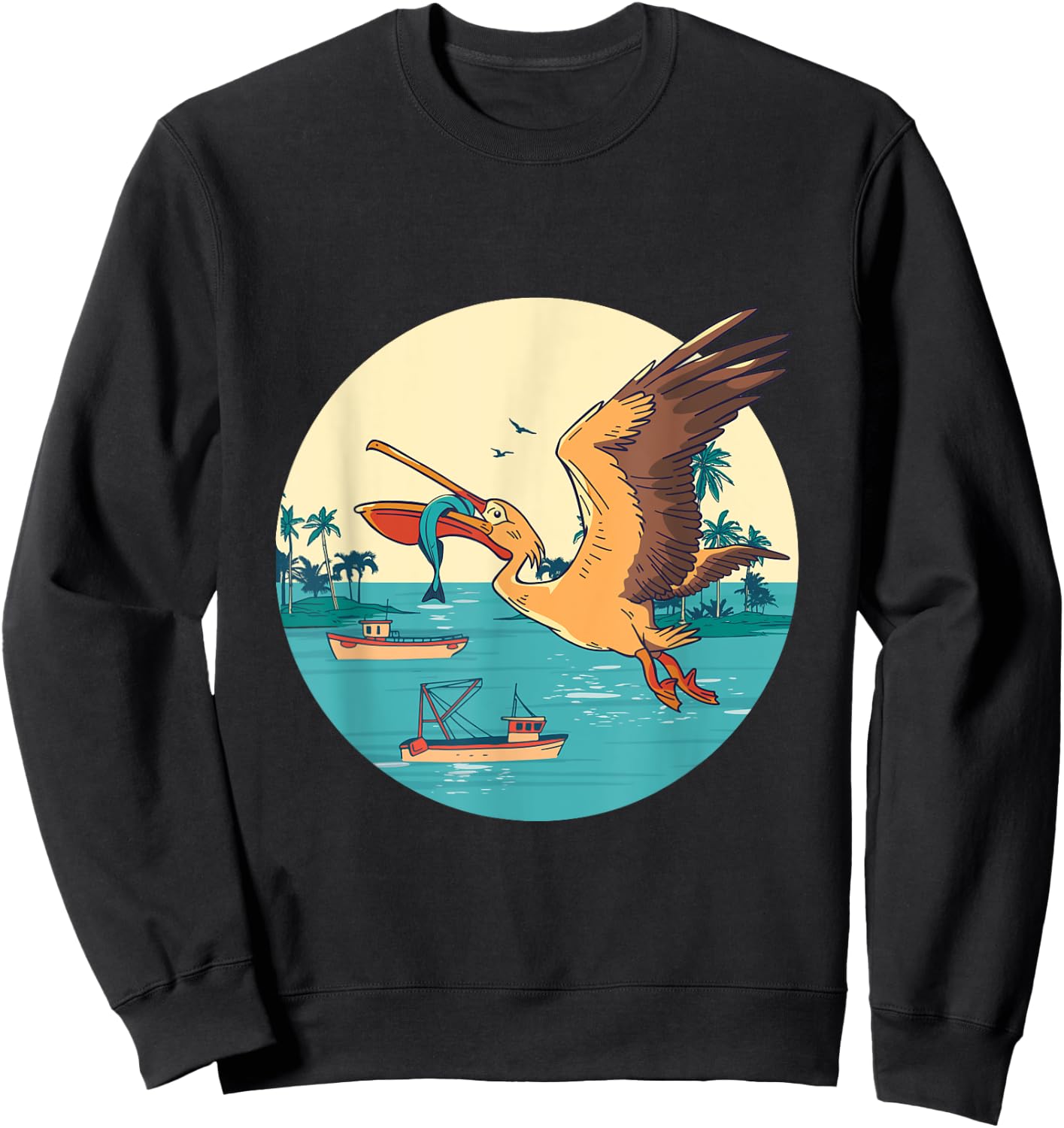 Pelican Bird Island Boat Fish Catch Tropical Bird Animal Sweatshirt - Sweatshirt | Black