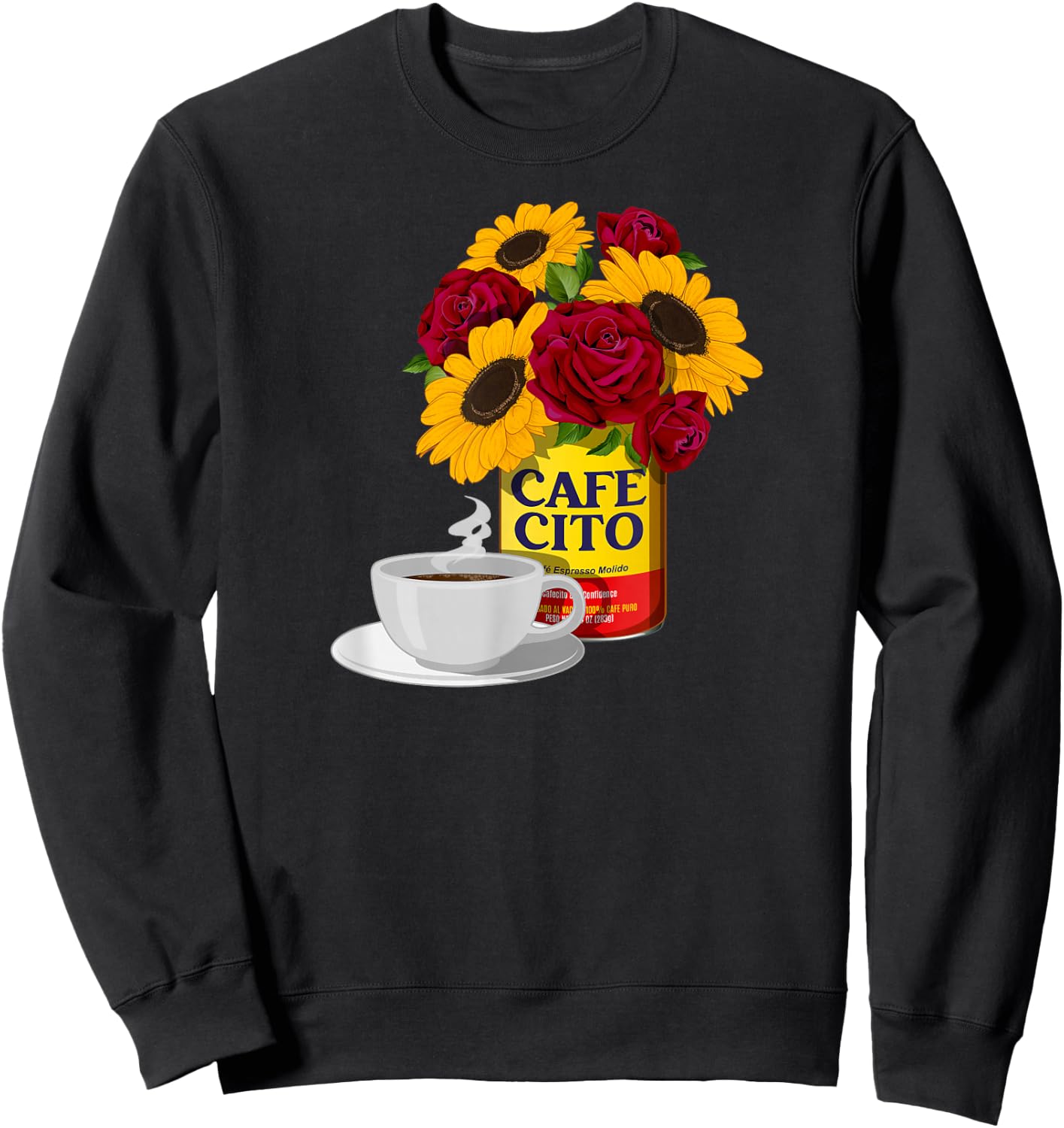 Cafecito and Confidence Cafe con Flores - -Adults, Black, Small, Short Sleeve, Classic Fit, Cotton Blend, Floral, Vacation, Classic, Unique Design Sweatshirt - Sweatshirt | Black