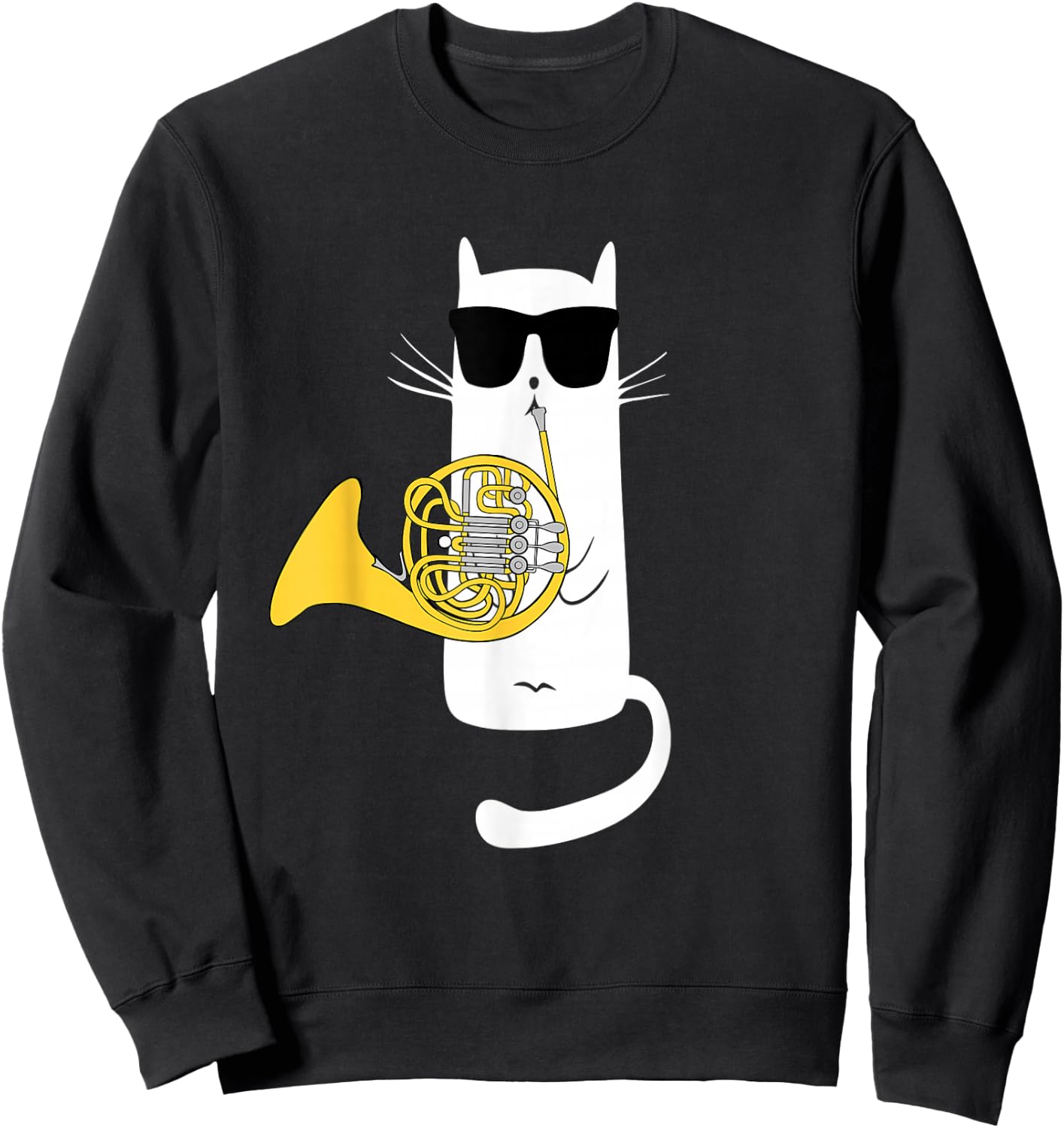 Funny Cat Wearing Sunglasses Playing French Horn Sweatshirt - Sweatshirt | Black