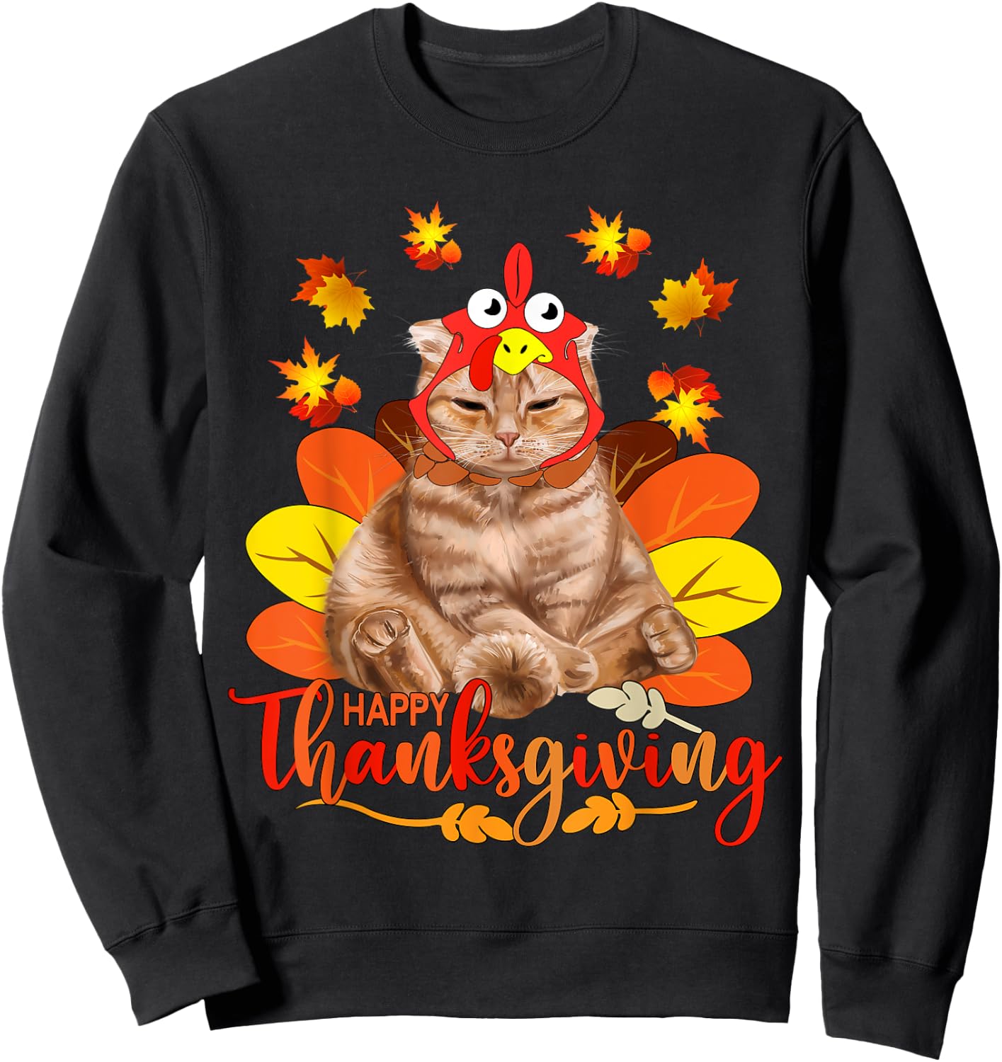Happy Thanksgiving Cat Turkey Christmas Day Sweatshirt - Sweatshirt | Black