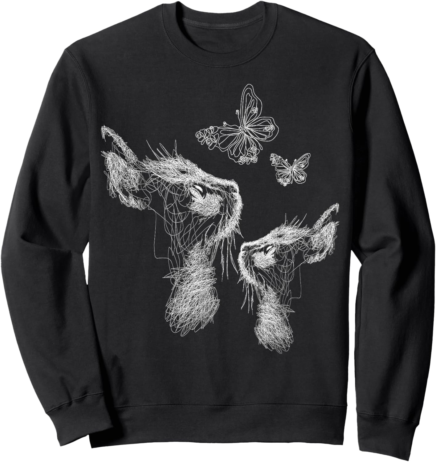 Cat with Kitten and Butterflies, scribble art Sweatshirt - Sweatshirt | Black