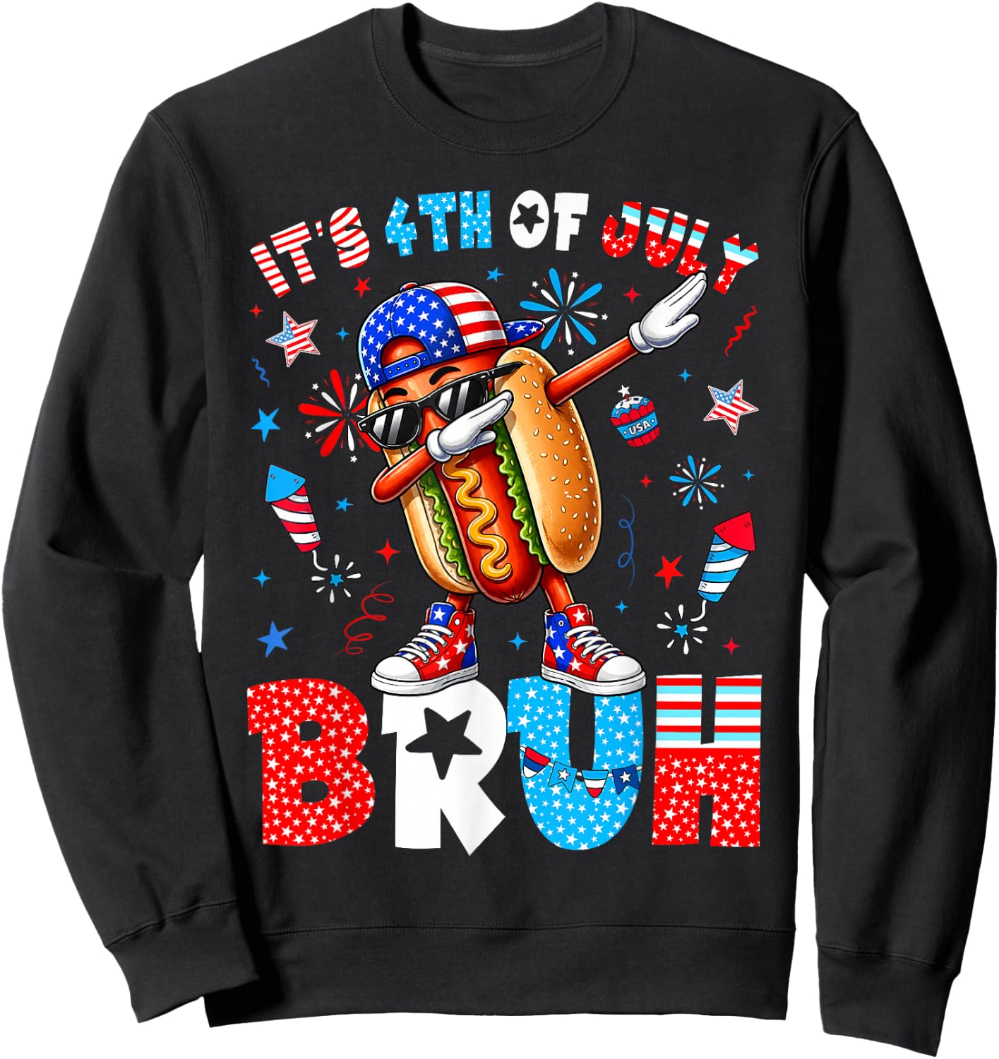 4th of July Its Fourth of July Bruh Dabbing Hotdog Boy Girl Sweatshirt - Sweatshirt | Black