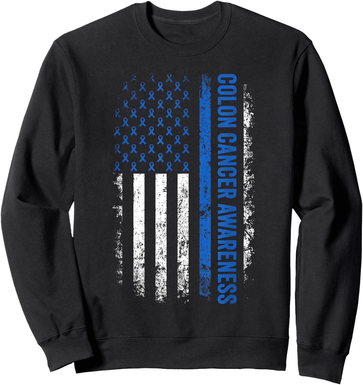 Colon Cancer Awareness Blue Ribbon US American Flag Sweatshirt - Sweatshirt | Black