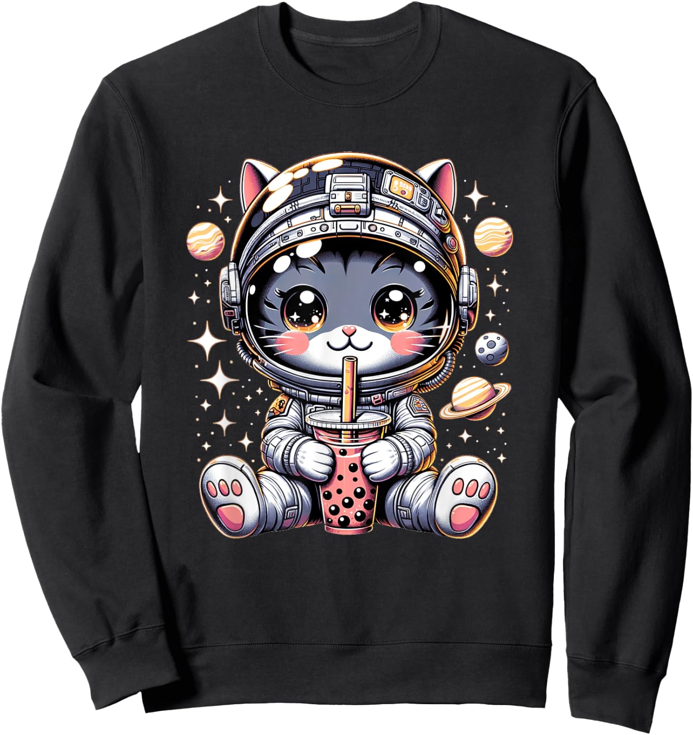 Cat in Space Kawaii Cat Girls Anime Astronaut Bubble Tea Sweatshirt - Sweatshirt | Black