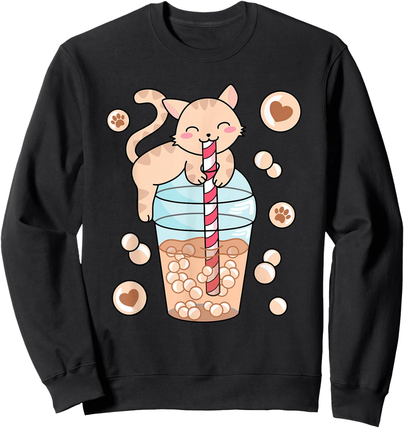 Japanese Anime Cat Kawaii Bubble Tea Women Girls Kids Sweatshirt - Sweatshirt | Black