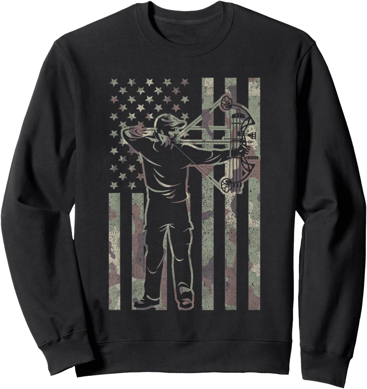 Archery Bow Hunter Deer Bow Hunting Vintage Camo US Flag Sweatshirt - Sweatshirt | Black