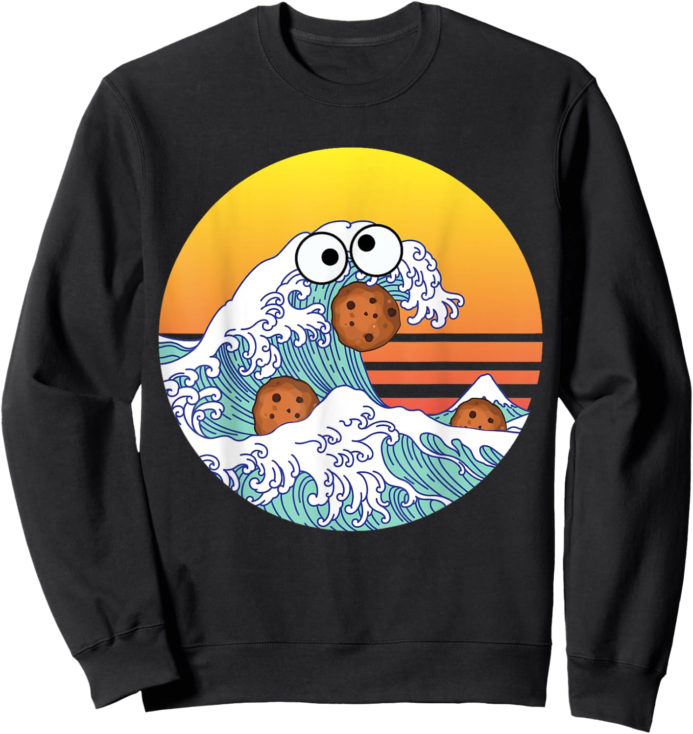 Retro Great Wave Monster Eating Cookies Funny Cookie Wave Sweatshirt - Sweatshirt | Black