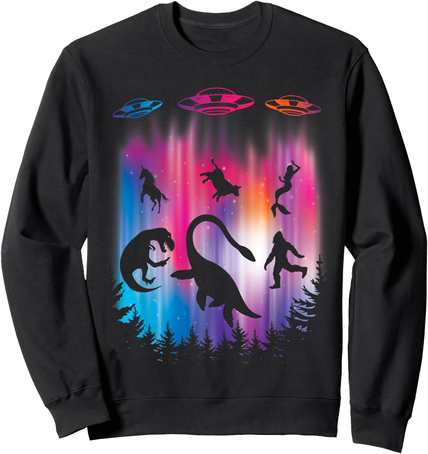 Alien Abduction T-Rex Loch Ness Bigfoot Funny UFO Sweatshirt - Sweatshirt | Black