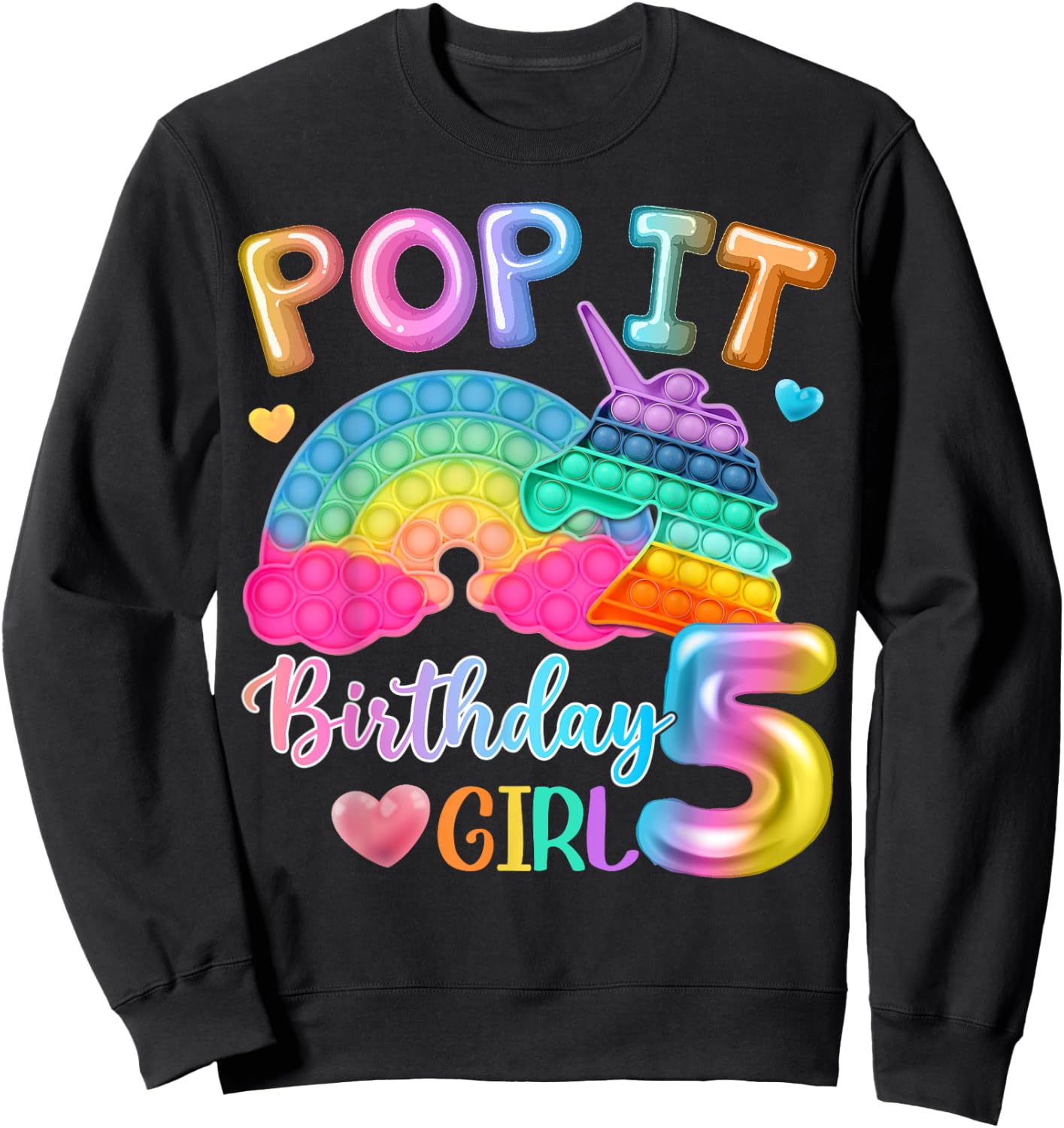 Kids Pop It Birthday Girl 5 for 5yr Old Girls Unicorn Party Sweatshirt - Sweatshirt | Black