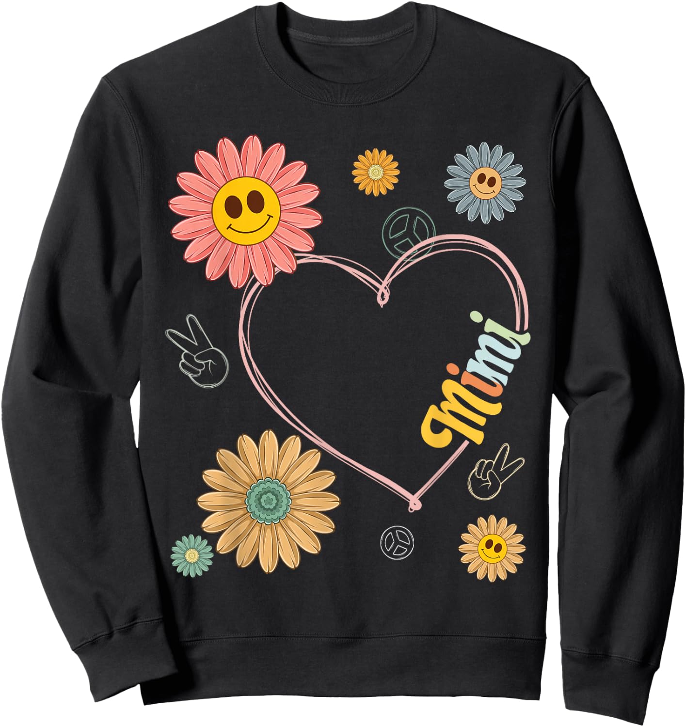 Love Heart Groovy Mimi Mother's Day Women Hippie 70's Style Sweatshirt - Sweatshirt | Black