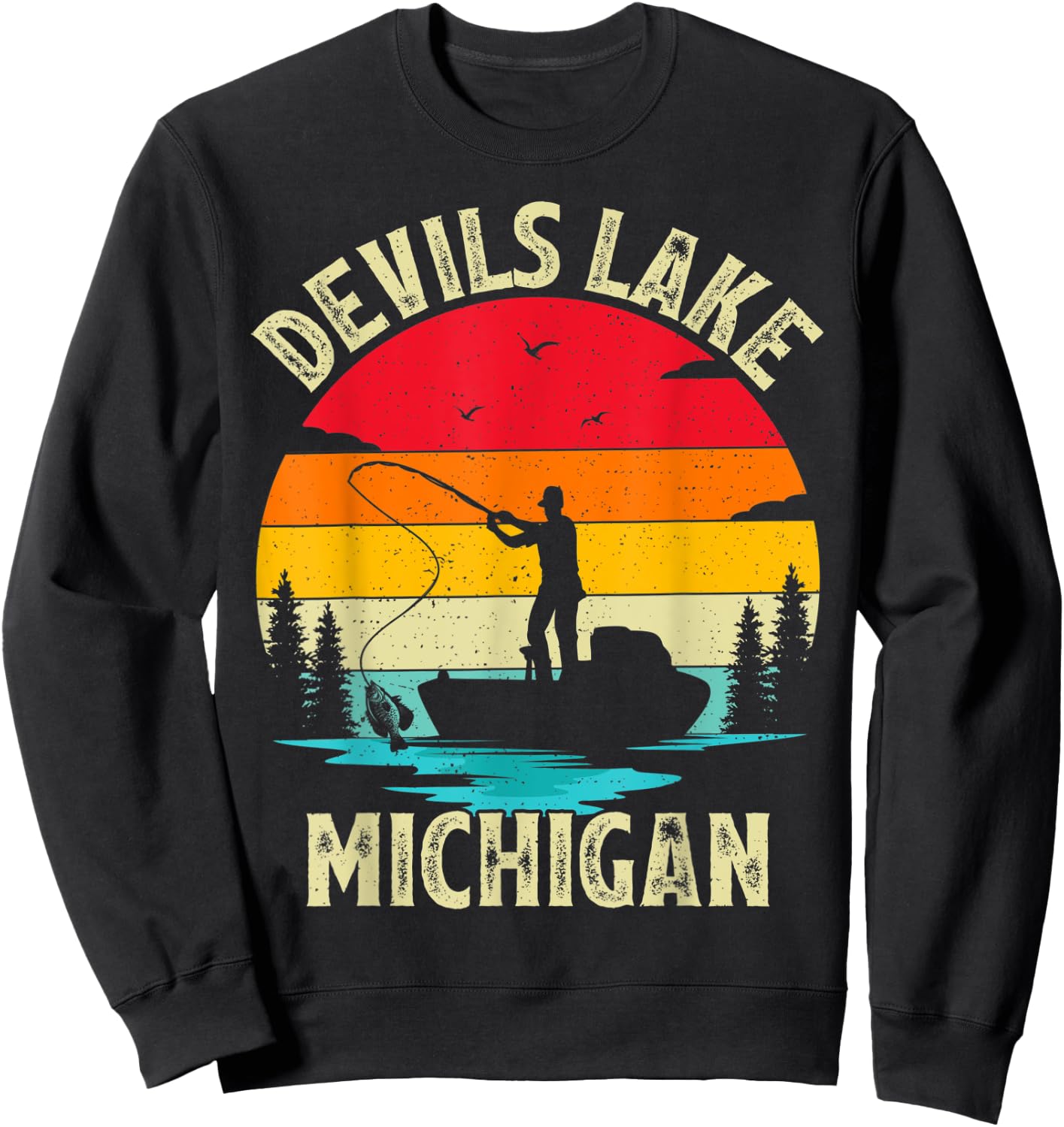 Summer Vacation Fishing Vintage Retro Michigan Devils Lake Women Kids Sweatshirt - Sweatshirt | Black