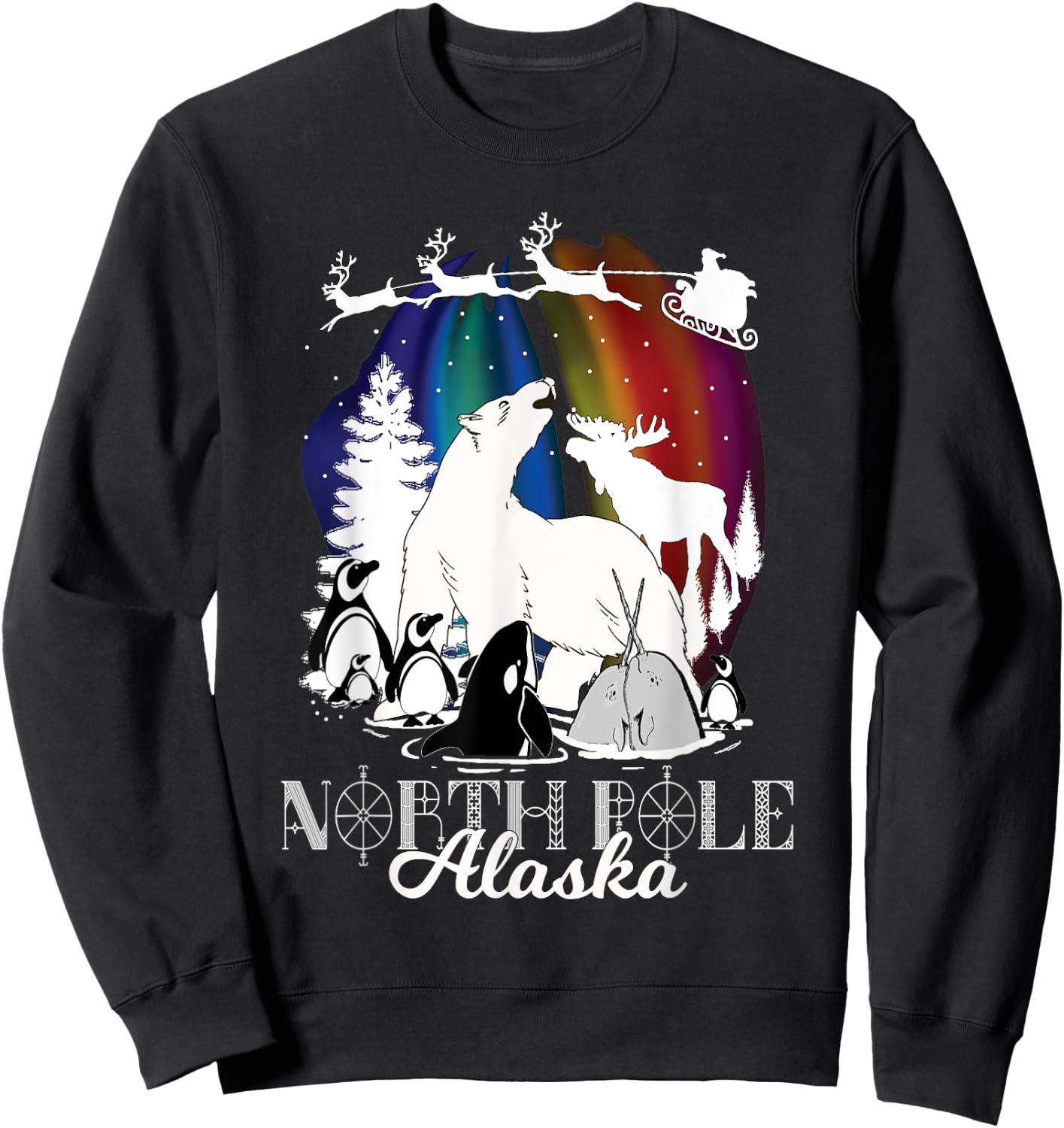 North Pole Alaska Aurora Borealis Christmas Town Wildlife Sweatshirt - Sweatshirt | Black