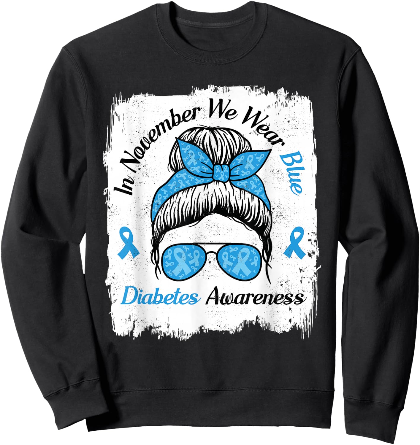 in November We Wear Blue Messy Hair Type Diabetes Awareness Sweatshirt - Sweatshirt | Black