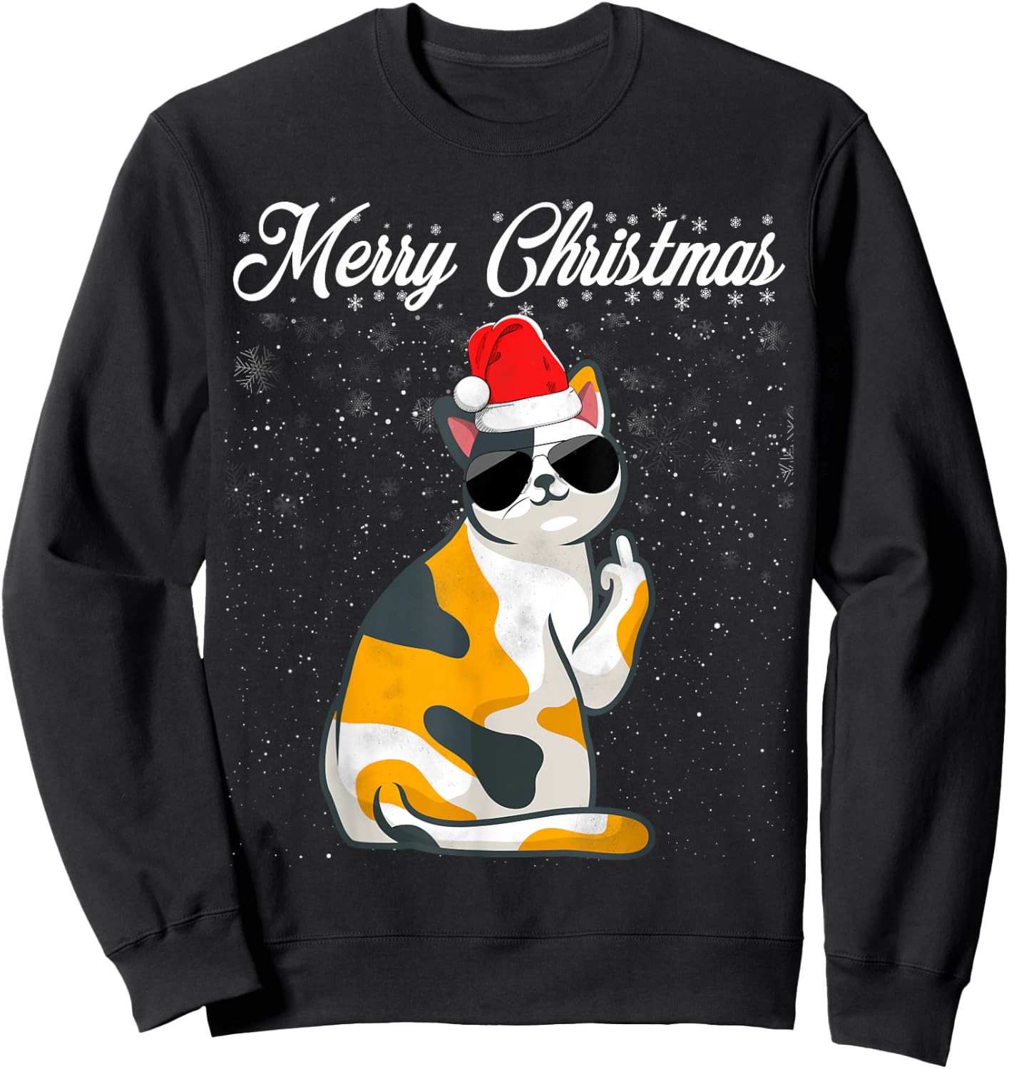 Merry Christmas Cat Middle Finger Rude Xmas Ugly Christmas Sweatshirt - Sweatshirt | Black