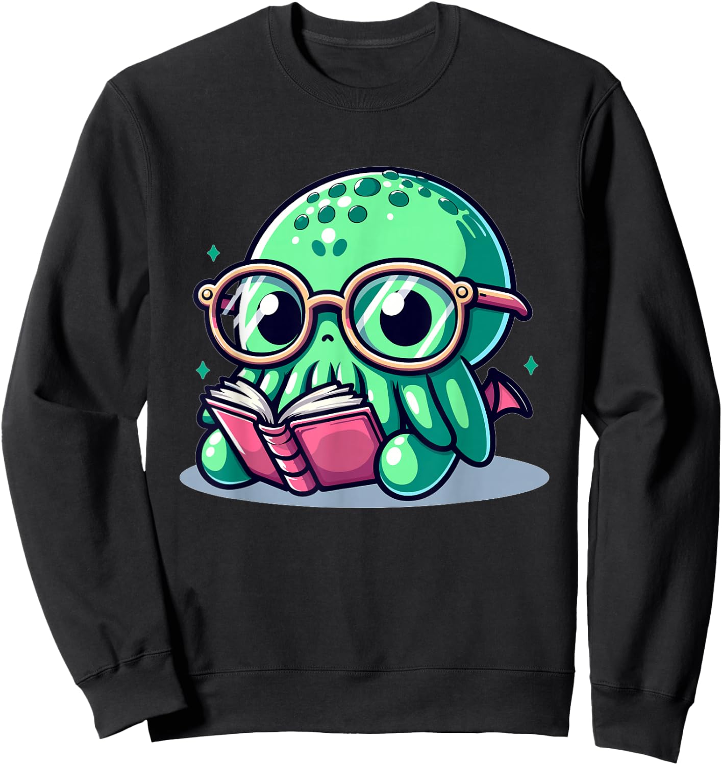 Adorable Book Lover Cthulhu With Reading Glasses Cute Sweatshirt - Sweatshirt | Black