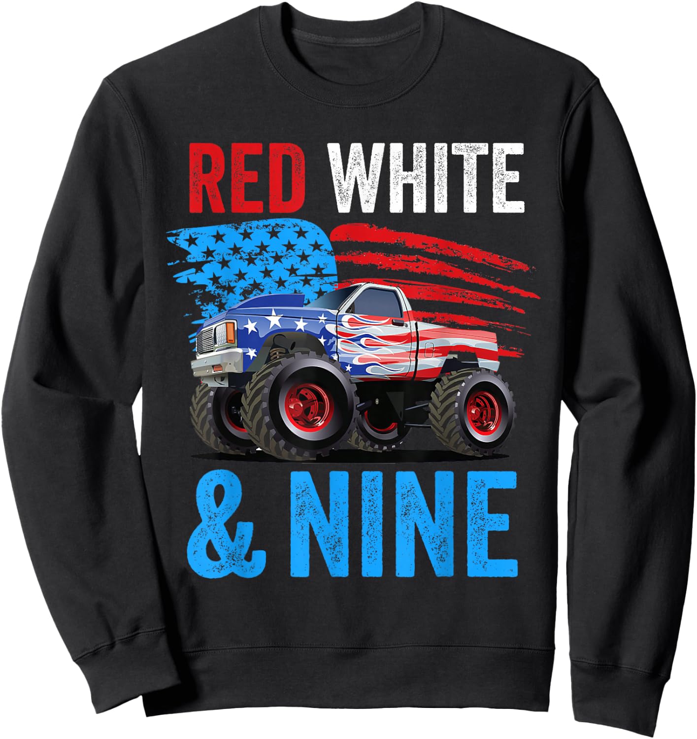 Red White & Nine Monster Truck Boy 9th Birthday USA Flag Sweatshirt - Sweatshirt | Black