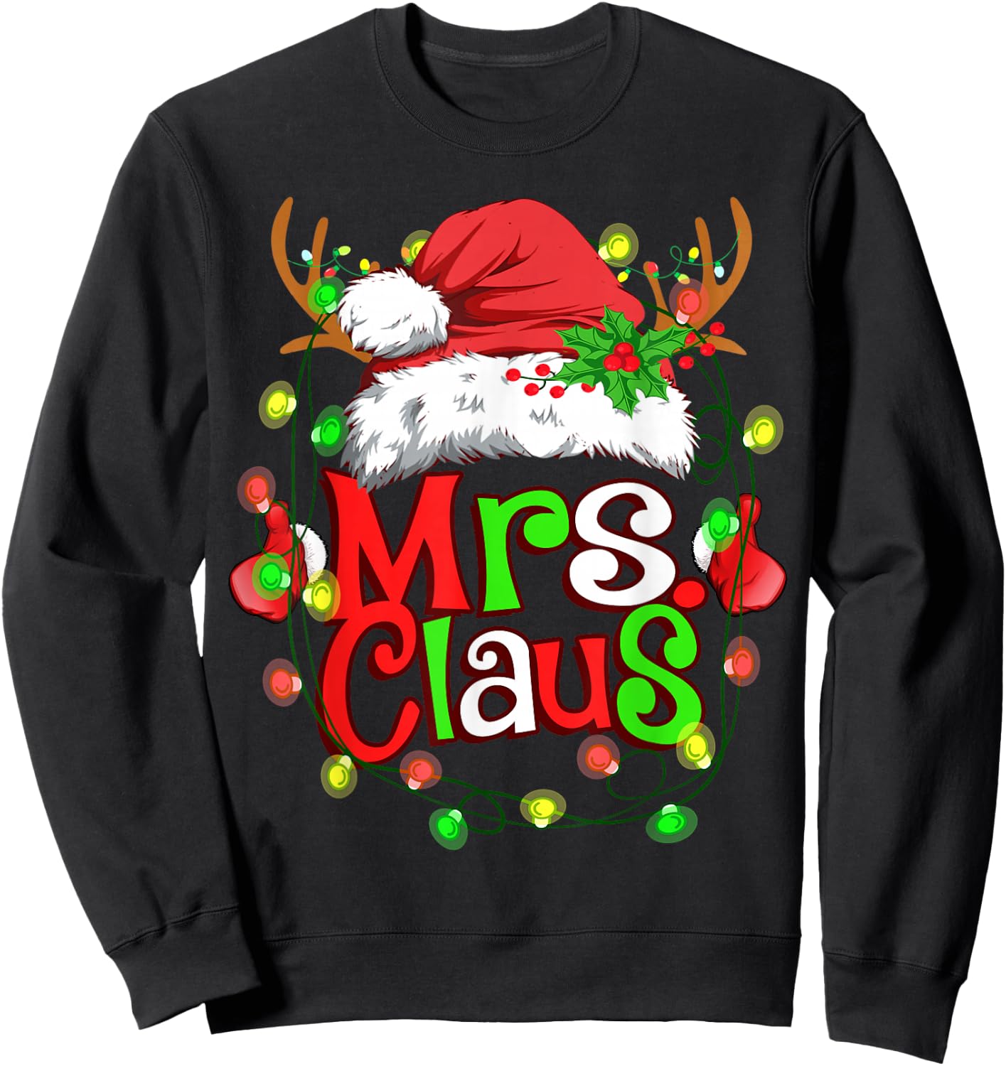 Mr and Mrs Claus Santa Reindeer Couples Christmas Lights Sweatshirt - Sweatshirt | Black
