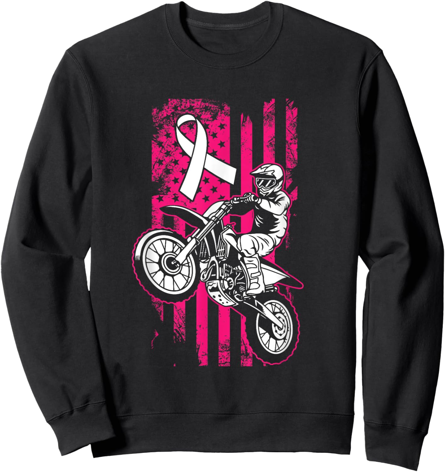 Motocross American Flag Breast Cancer Awareness Pink Ribbon Sweatshirt - Sweatshirt | Black