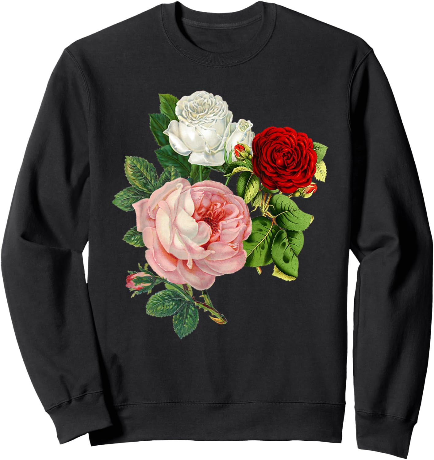 Vintage Roses Flower Floral Illustration Blossom Lovers Sweatshirt - Sweatshirt | Black