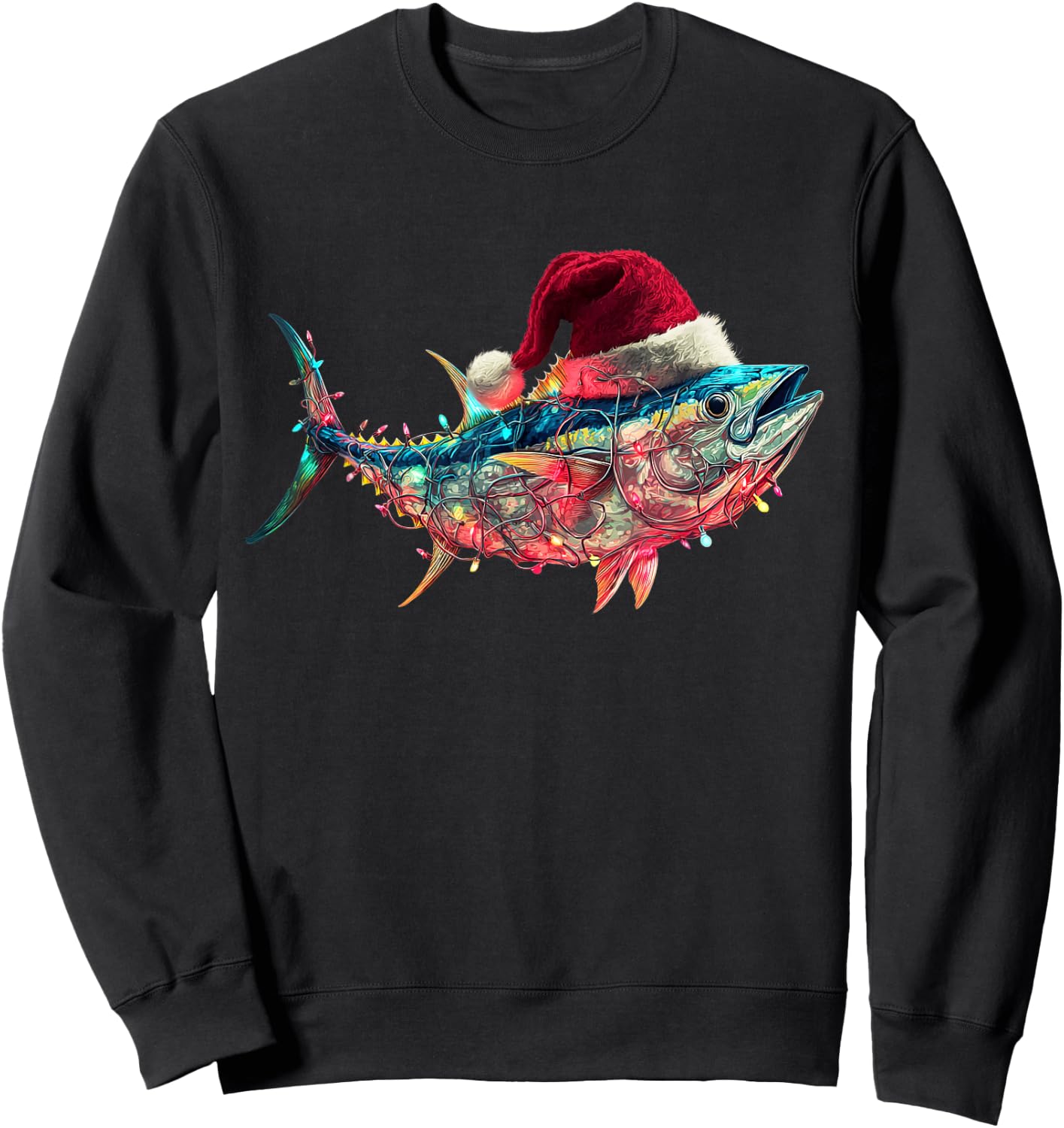 Christmas Tuna Fish Funny Fishing Santa Hat Lights Sweatshirt - Sweatshirt | Black
