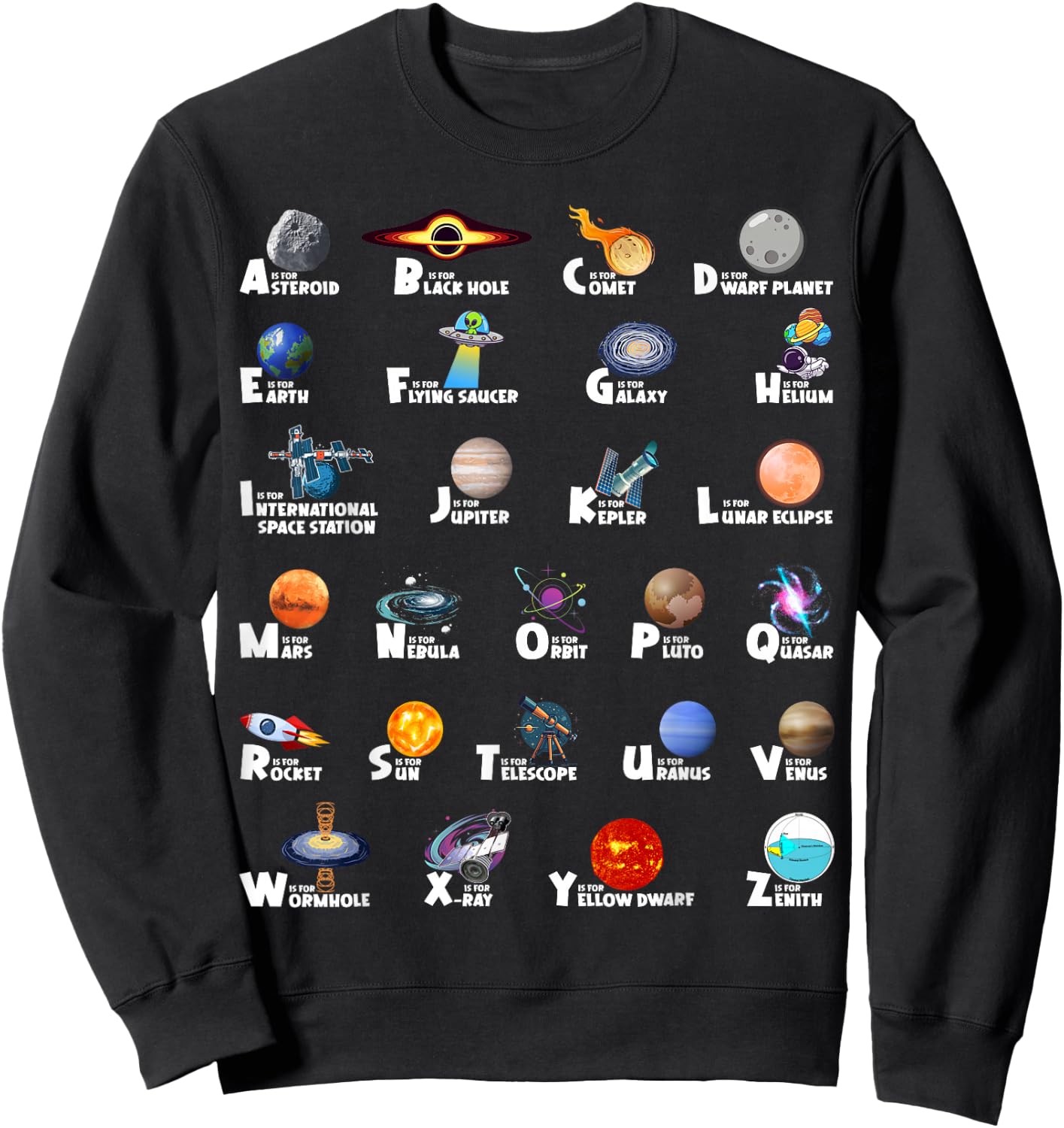 Outer Space Kids ABC Types Of Planet Identification Alphabet Sweatshirt - Sweatshirt | Black