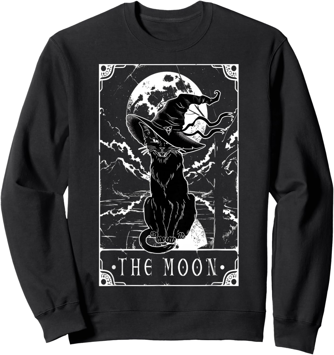 Tarot Card Crescent Moon And Black Cat Witch Hat Halloween Sweatshirt - Sweatshirt | Black