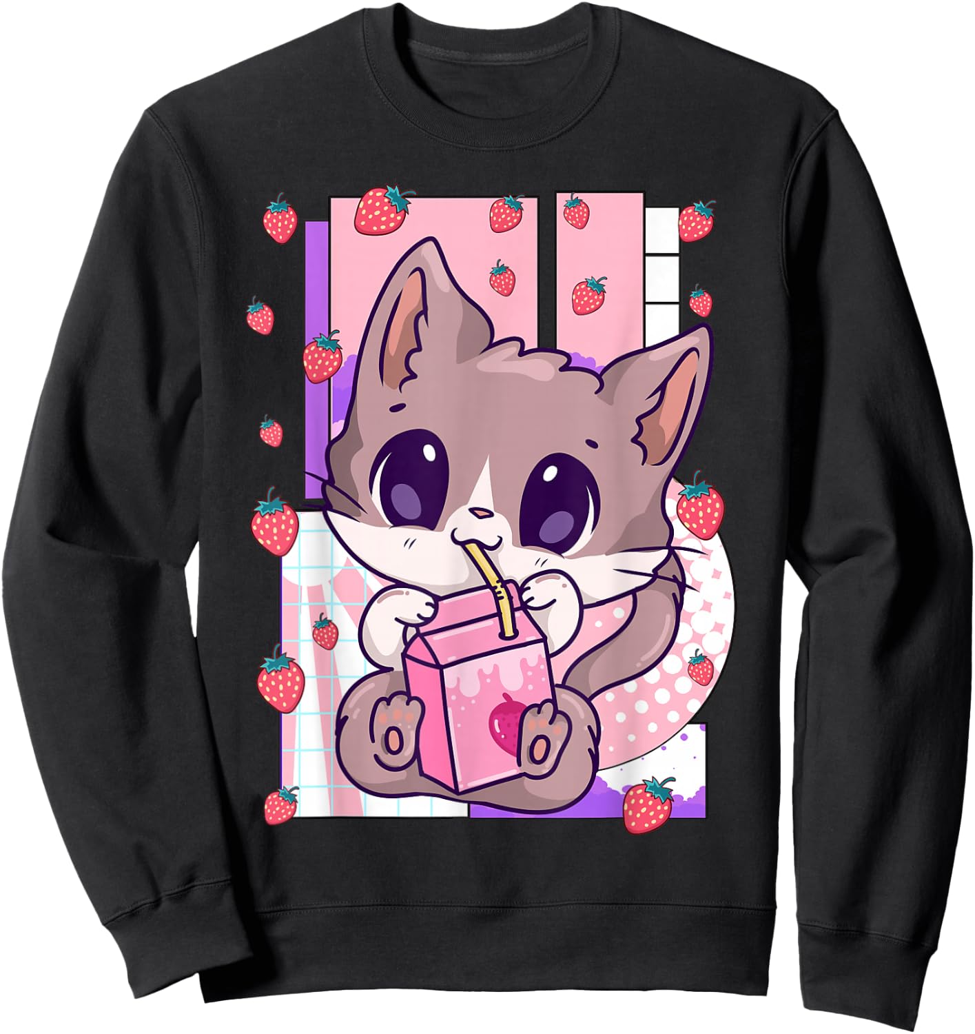 Cute Kawaii Cat Strawberry Milk Anime Neko Shake Sweatshirt - Sweatshirt | Black