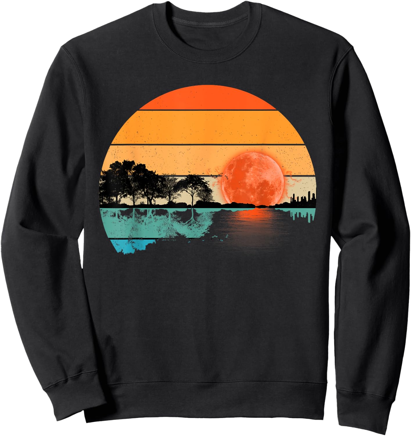 Funny Retro Guitar Lake Sunset Guitarist Music Lover Sweatshirt - Sweatshirt | Black