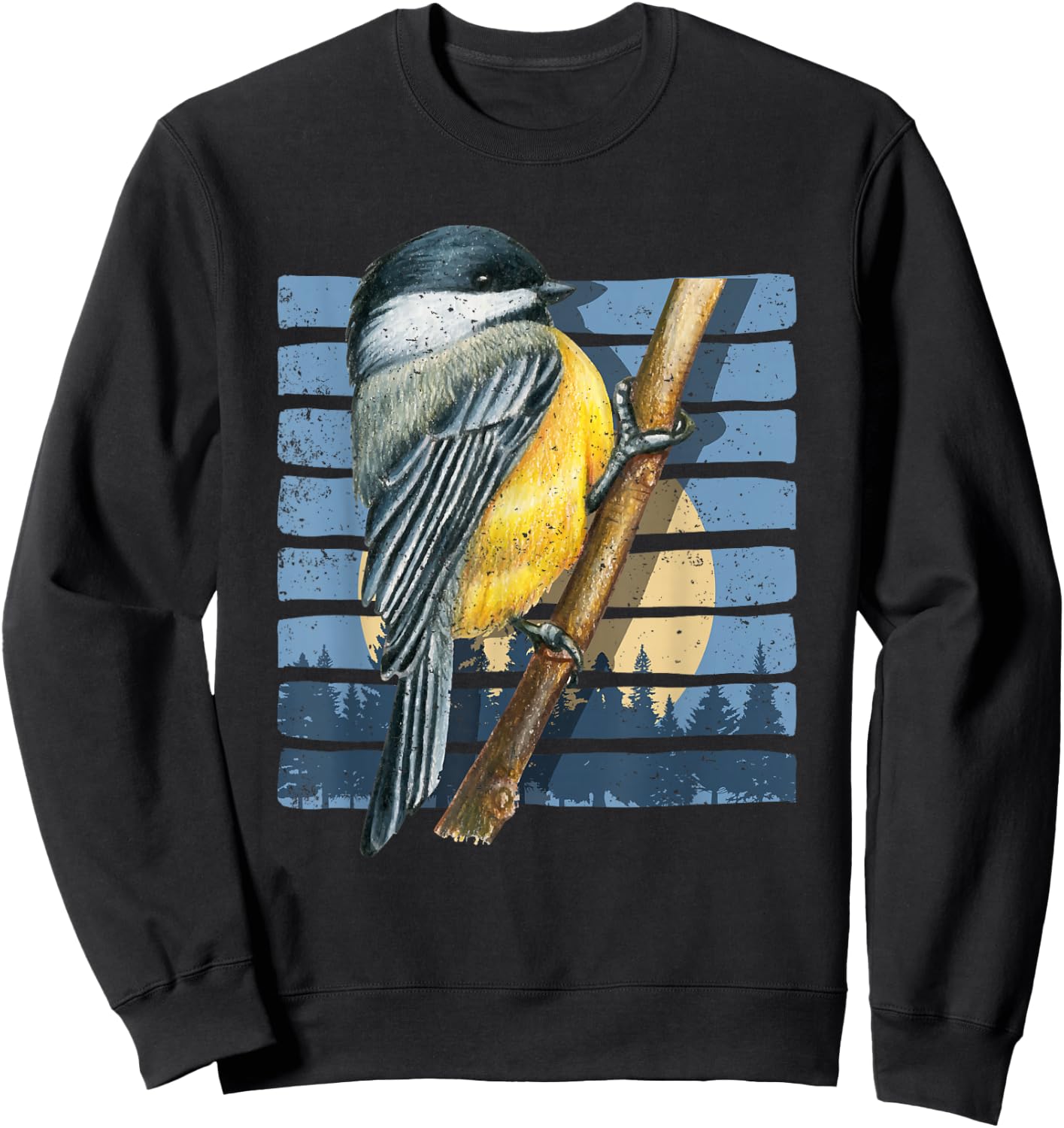 Retro Bird Watcher Chickadee Nature Forest Moon Birds Sweatshirt - Sweatshirt | Black