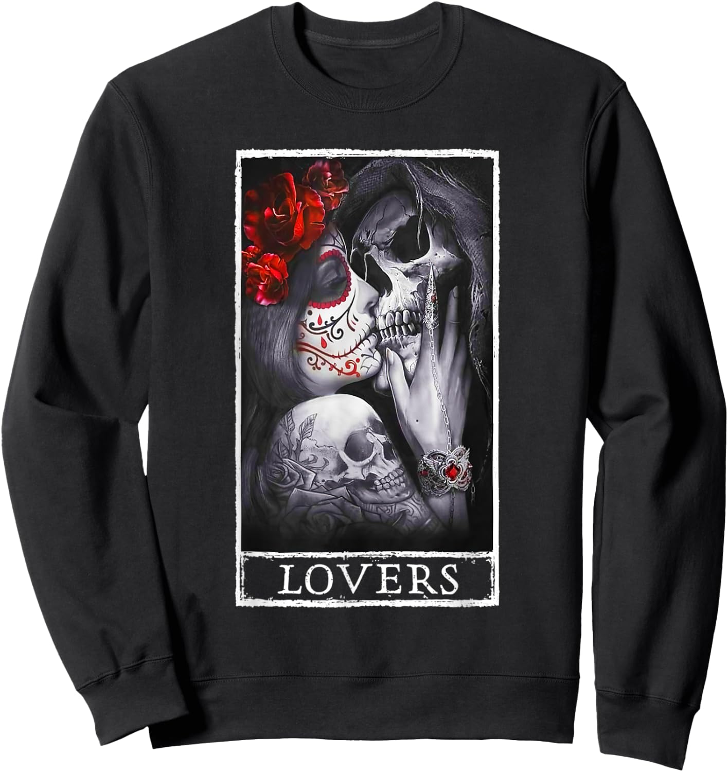 Woman Kissing Skeleton Skull Lovers Red Roses Goth Couple Sweatshirt - Sweatshirt | Black