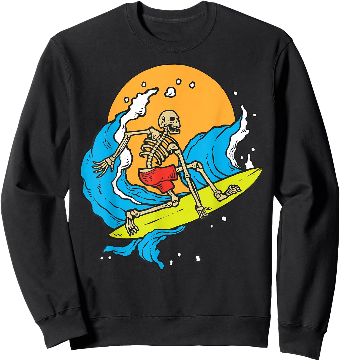 Skeleton Cartoon Illustration Image - Surfer Surfboard Surf Sweatshirt - Sweatshirt | Black