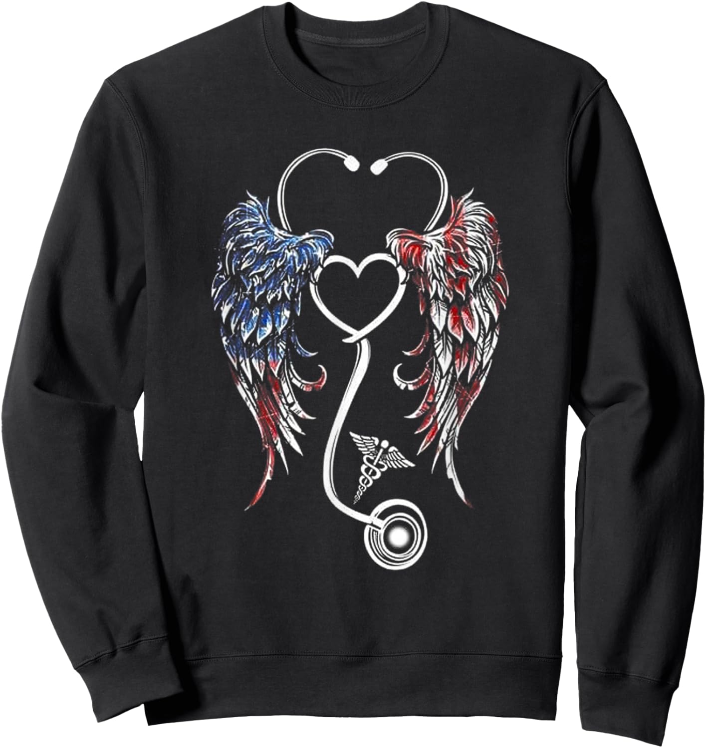 Wings Heart Nurse Stethoscope American Flag Nursing Lover Men Sweatshirt - Sweatshirt | Black
