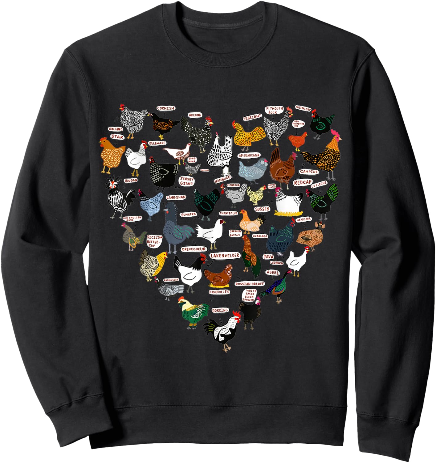 Funny Heart Design List Of Chicken Breeds Sweatshirt - Sweatshirt | Black