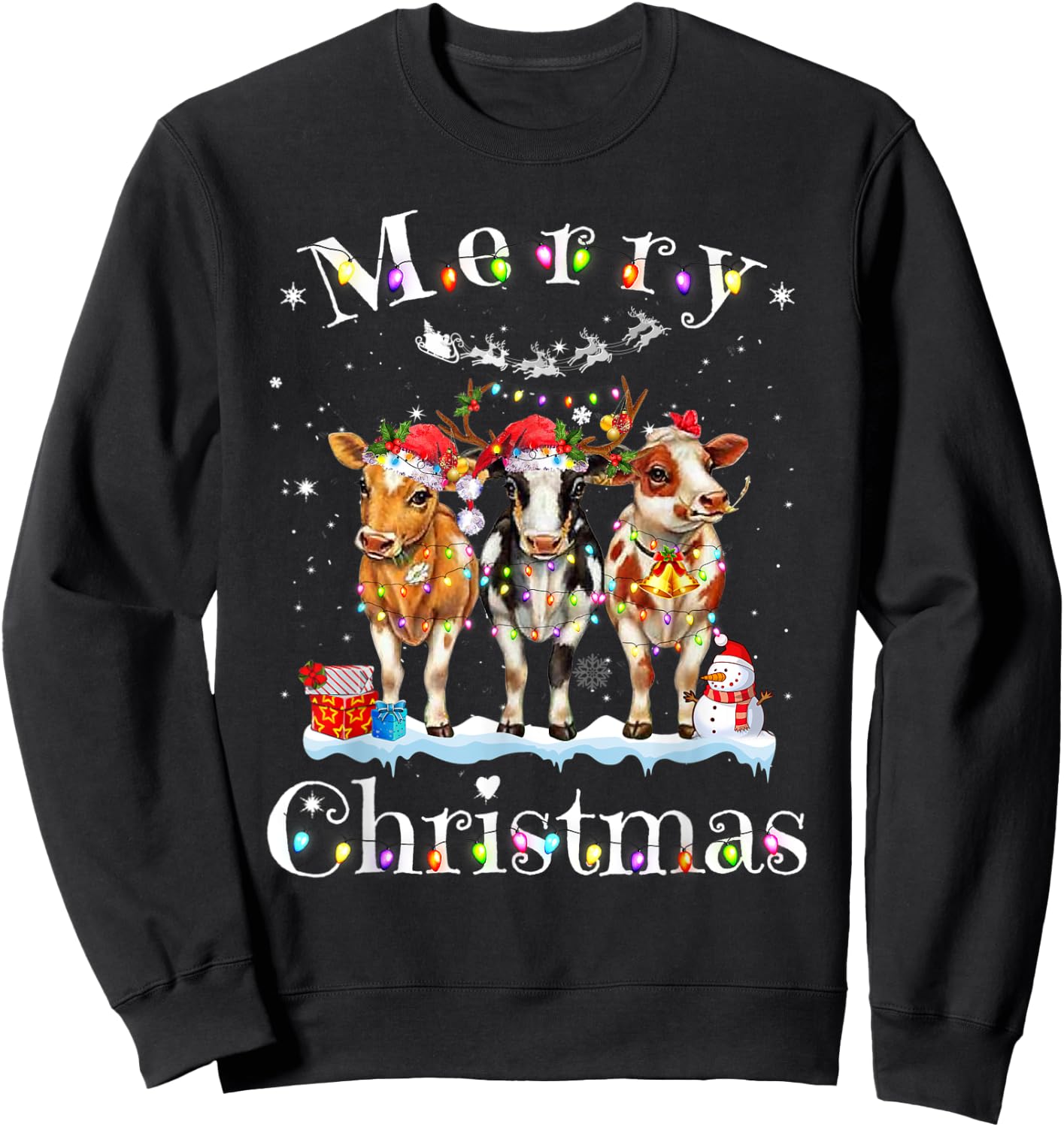Cow Reindeer Hat Santa Christmas Lights Funny Cow Christmas Sweatshirt - Sweatshirt | Black