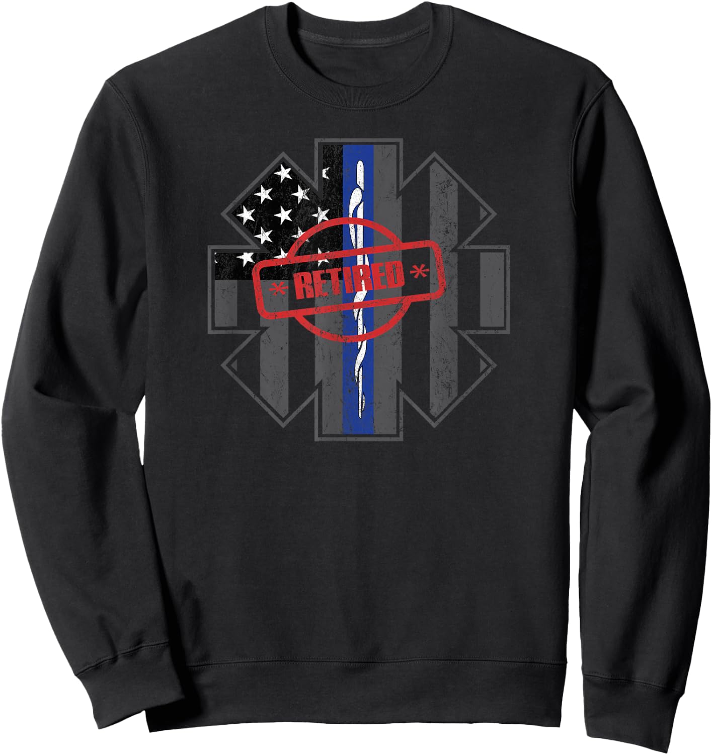 Retired EMT Paramedic Thin Blue Line Distressed Sweatshirt - Sweatshirt | Black