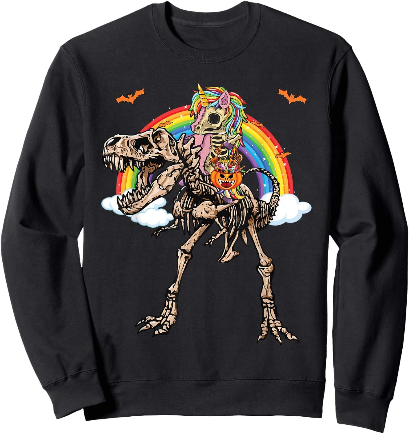 Skeleton Unicorn Riding Dinosaur T Rex Halloween Sweatshirt - Sweatshirt | Black