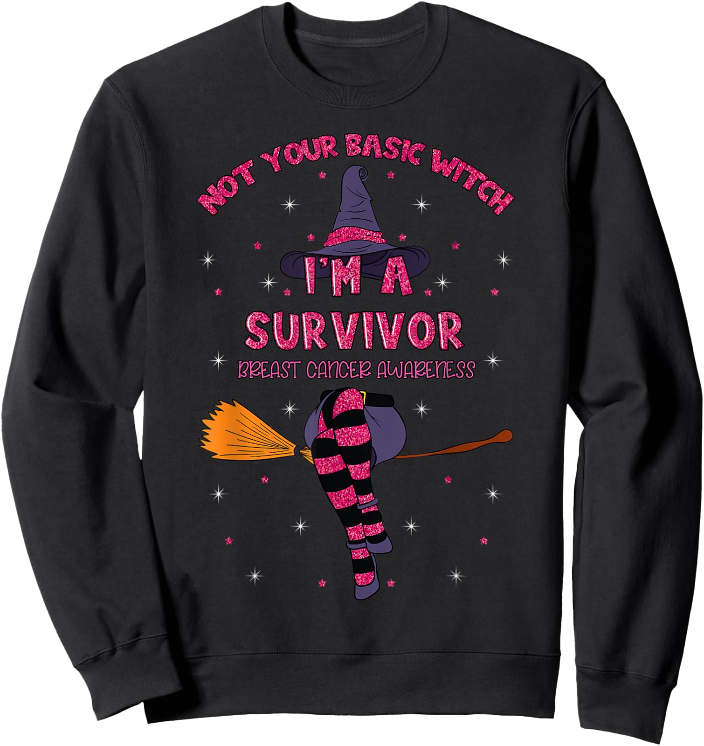 Halloween Witch Pink Awareness Ribbon Breast Cancer Survivor Sweatshirt - Sweatshirt | Black