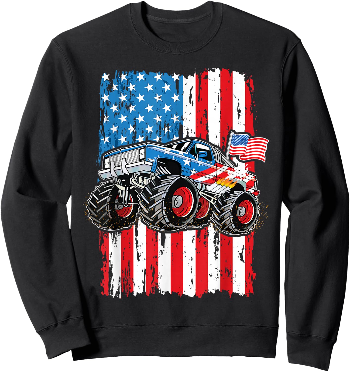Monster Truck USA Flag Patriotic Boys Men 4th of July Sweatshirt - Sweatshirt | Black