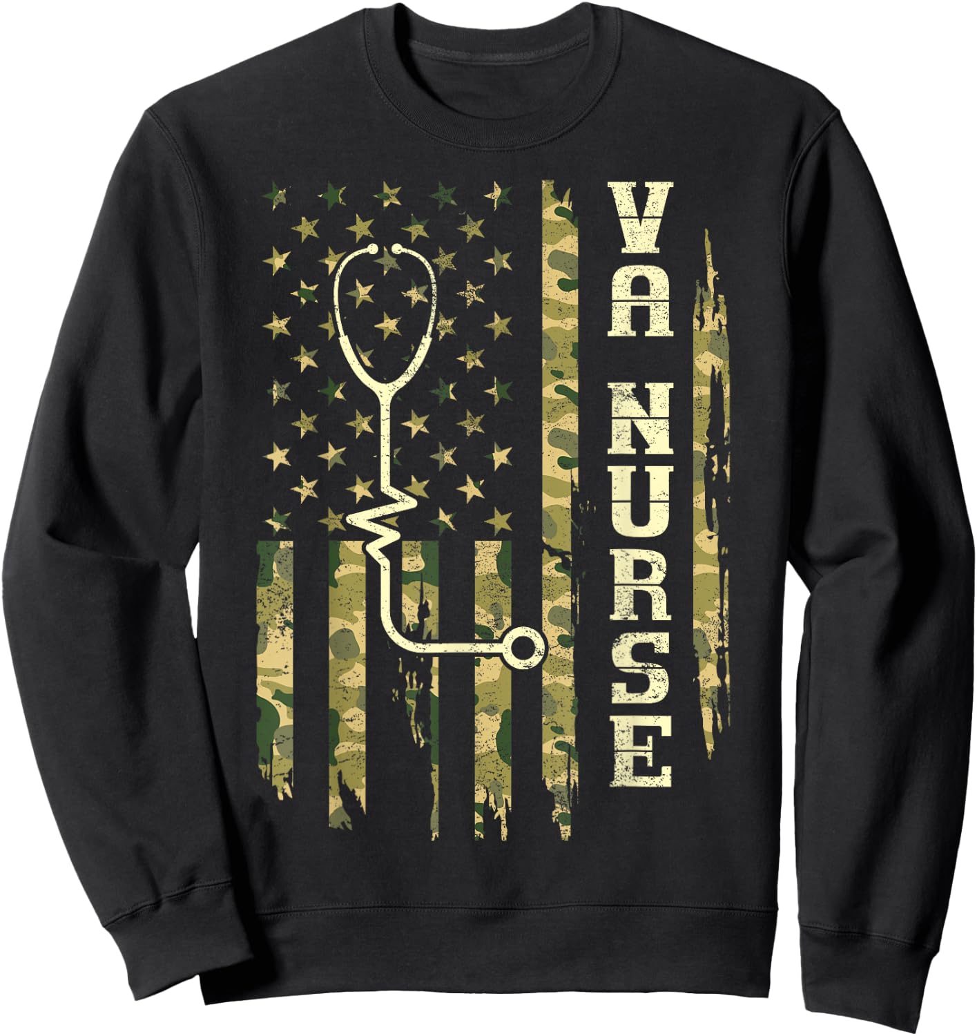 VA Nurse Camouflage American Flag Patriotic Medical Worker Sweatshirt - Sweatshirt | Black