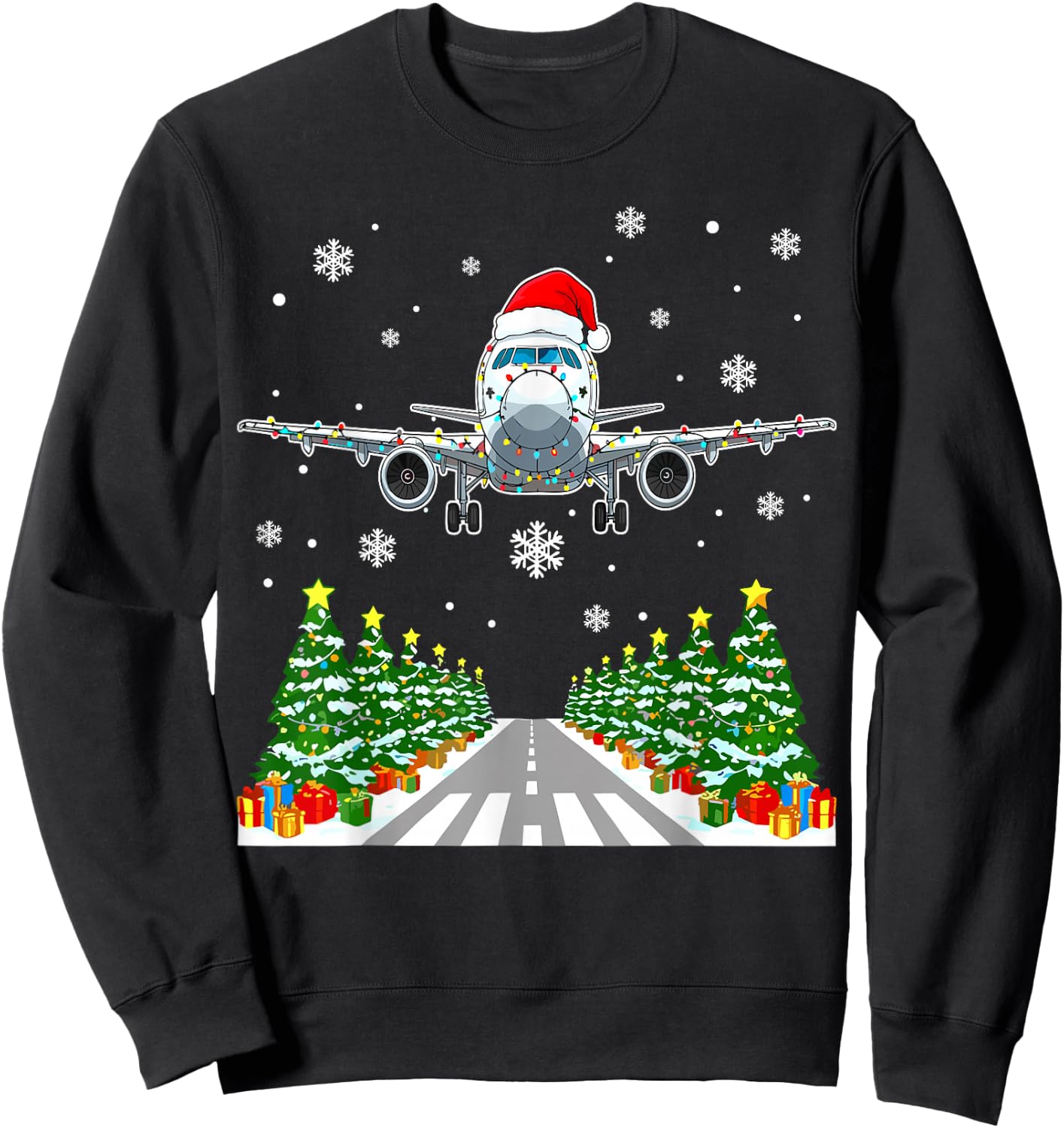 Christmas Airplane Santa Trees Lights Pilot Aviation Sweatshirt - Sweatshirt | Black