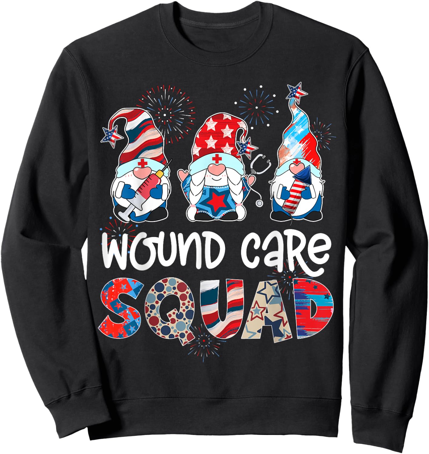 Wound Care Squad Gnomes 4th Of July Pride Nurse Stethoscope Sweatshirt - Sweatshirt | Black