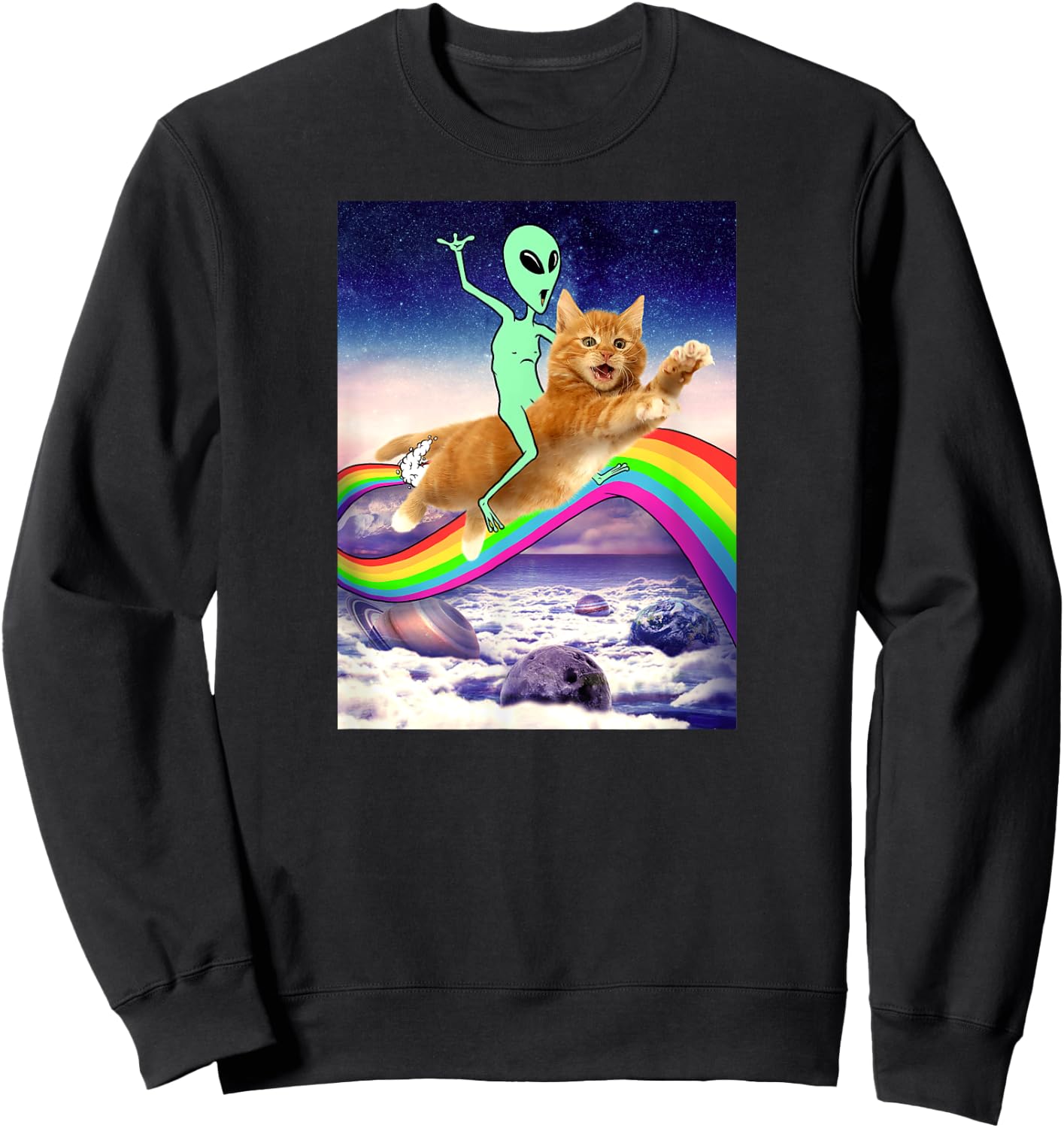 Alien Riding Cat Over Rainbow Men Women Kids Sweatshirt - Sweatshirt | Black