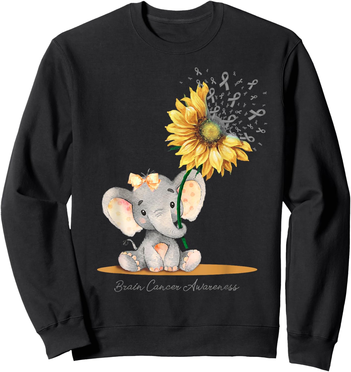 BRAIN CANCER AWARENESS Cute Elephant Sunflower Gray Ribbon Sweatshirt - Sweatshirt | Black