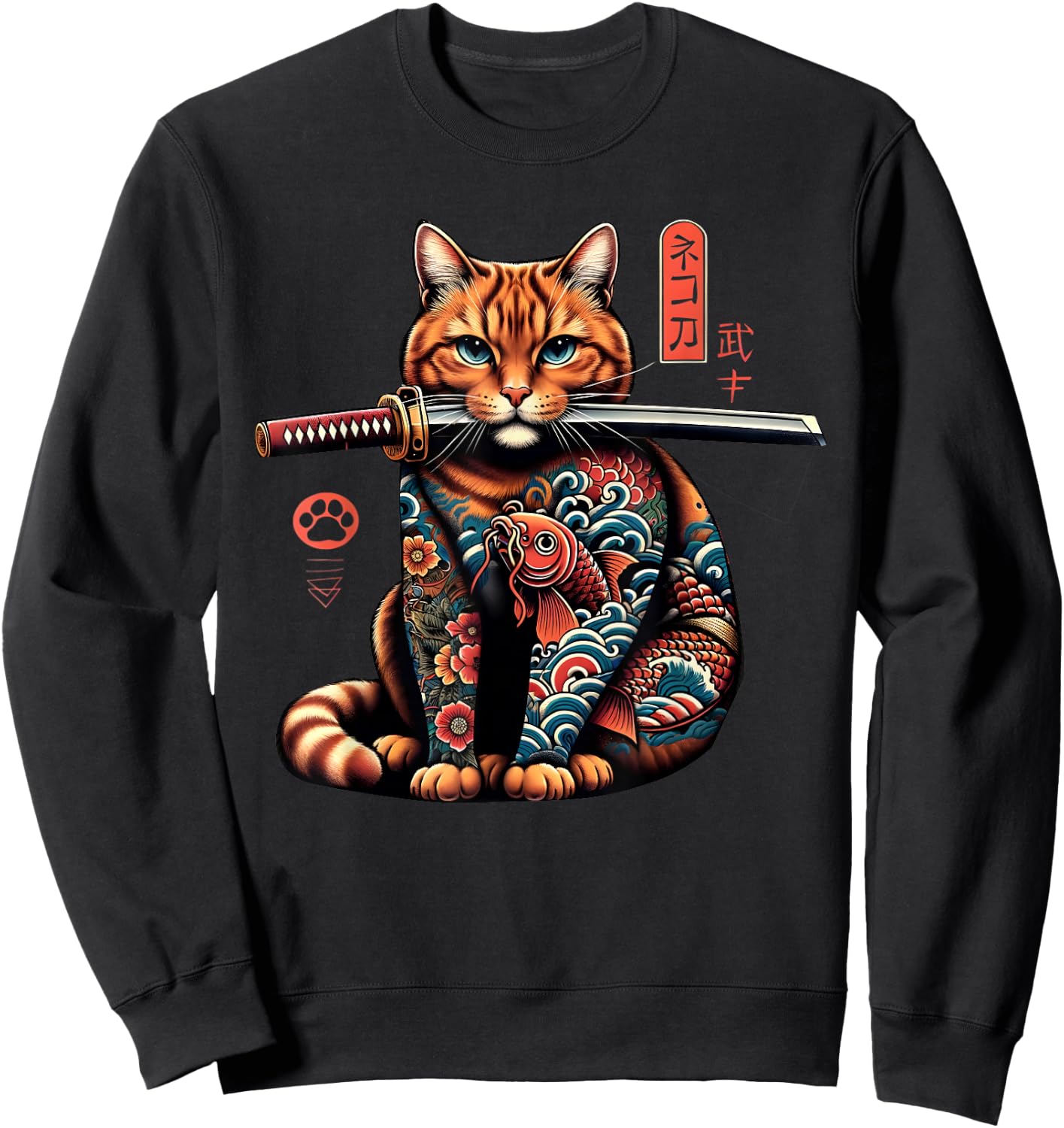 Japanese Samurai Ninja Cat Kawaii Tattoo Graphic Women Sweatshirt - Sweatshirt | Black